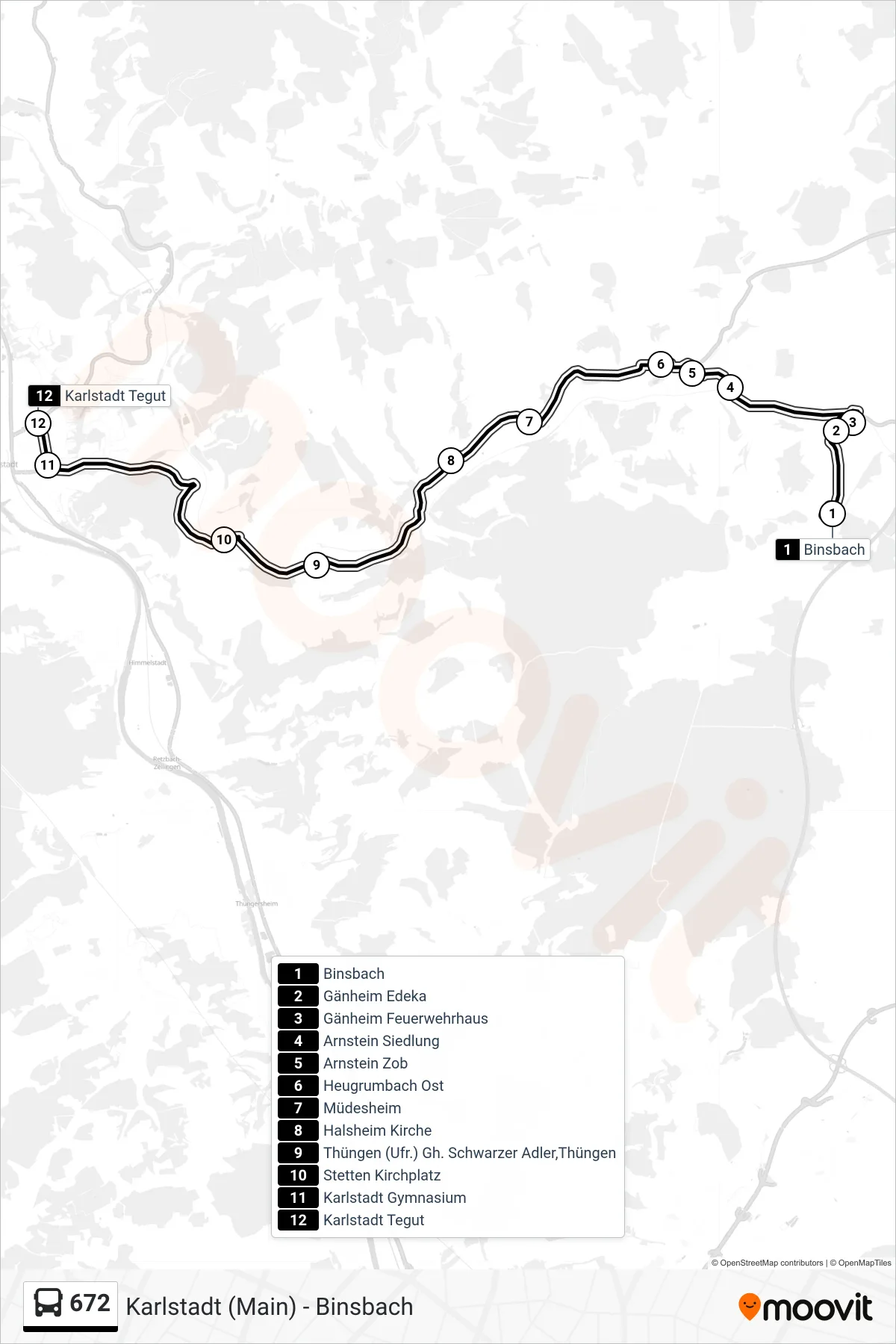 672 bus Line (Karlstadt Tegut) route and stops on a map