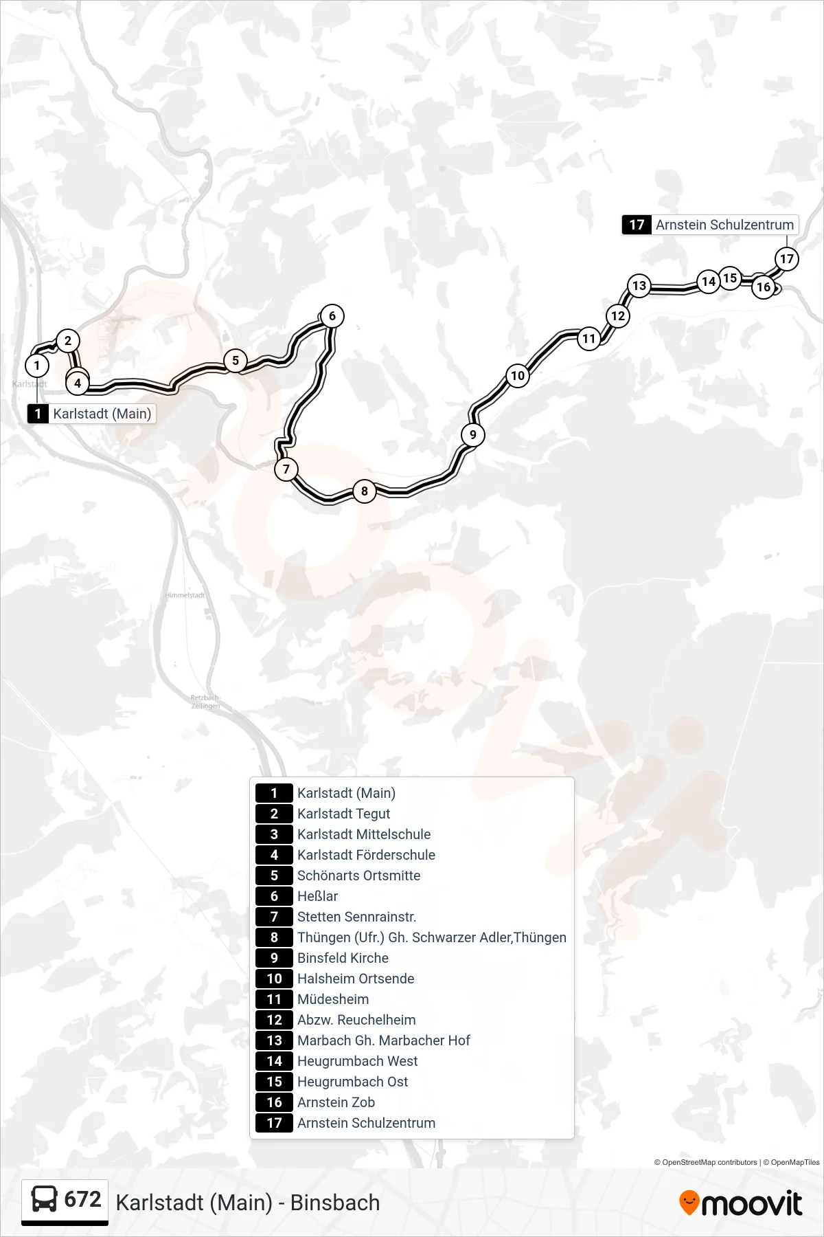 672 bus Line (Arnstein Schulzentrum) route and stops on a map