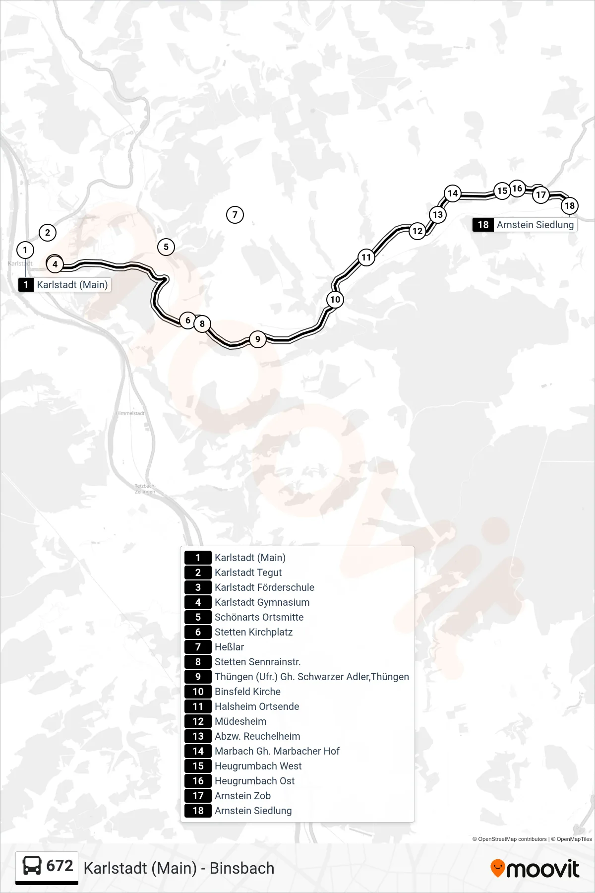 672 bus Line (Arnstein Siedlung) route and stops on a map