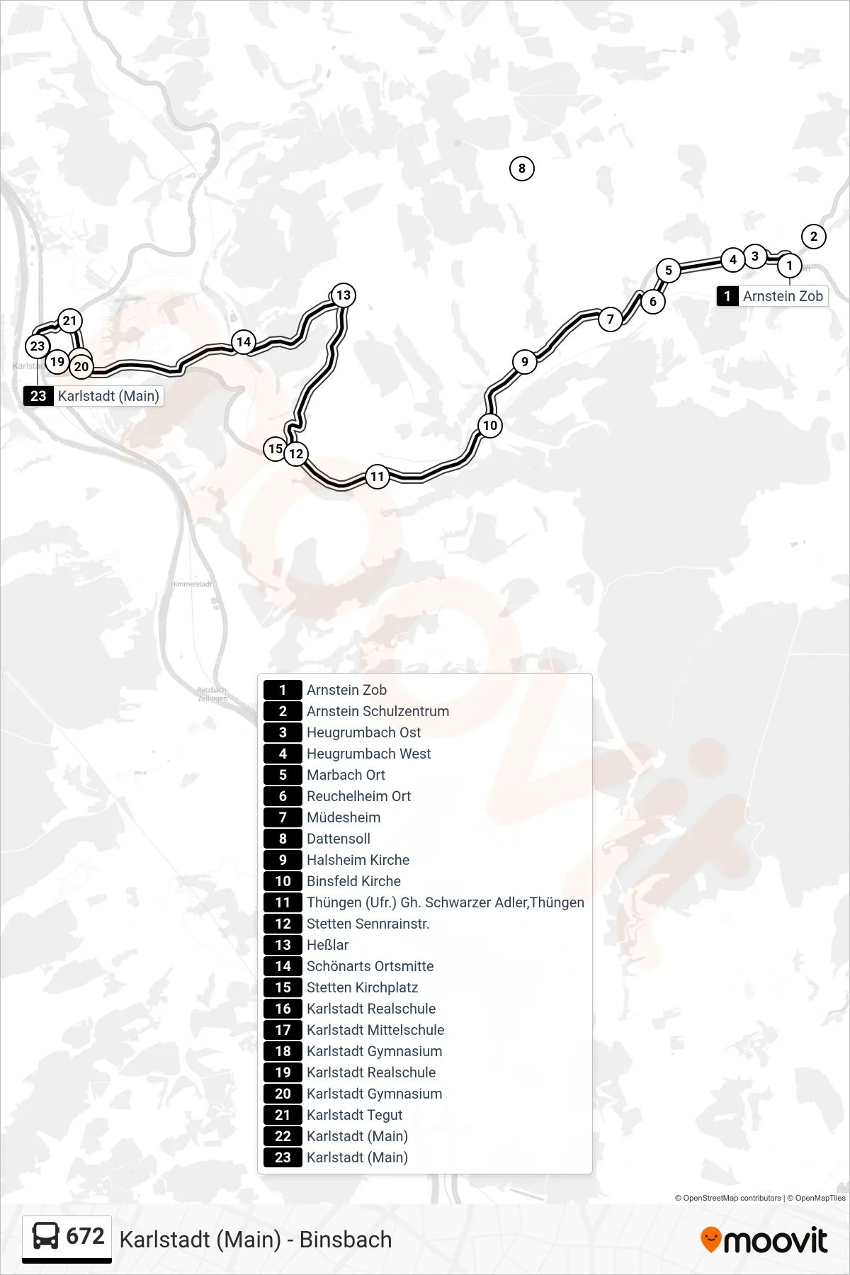 Linie 672 (Bus) Richtung Karlstadt (Main): Route und Haltestellen auf der Karte
