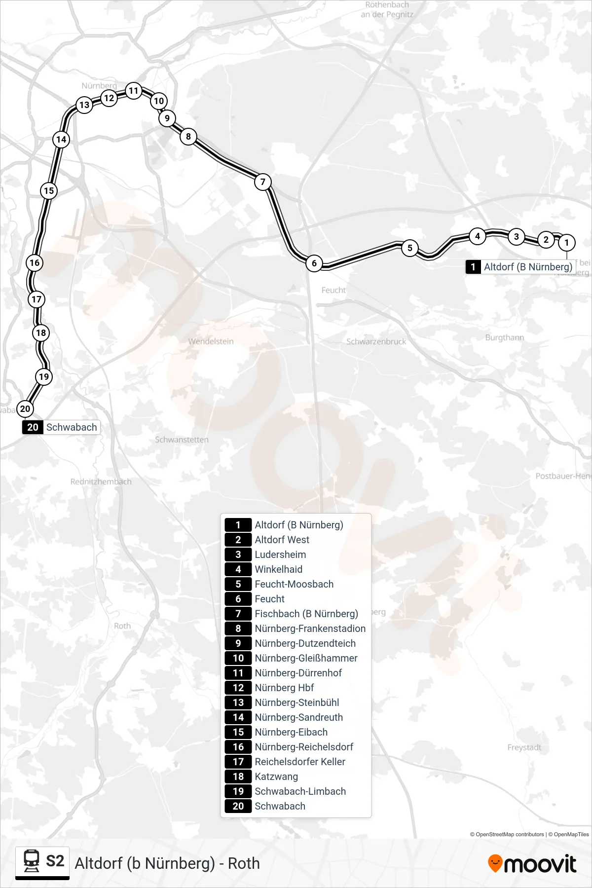 S2 train Line (Schwabach) route and stops on a map