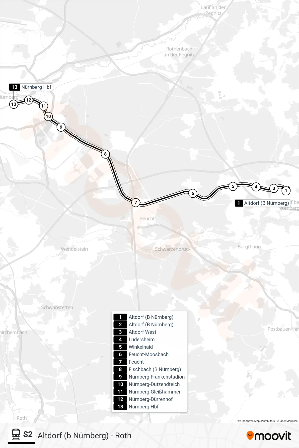 Linie S2 (Bahn) Richtung Nürnberg Hbf: Route und Haltestellen auf der Karte