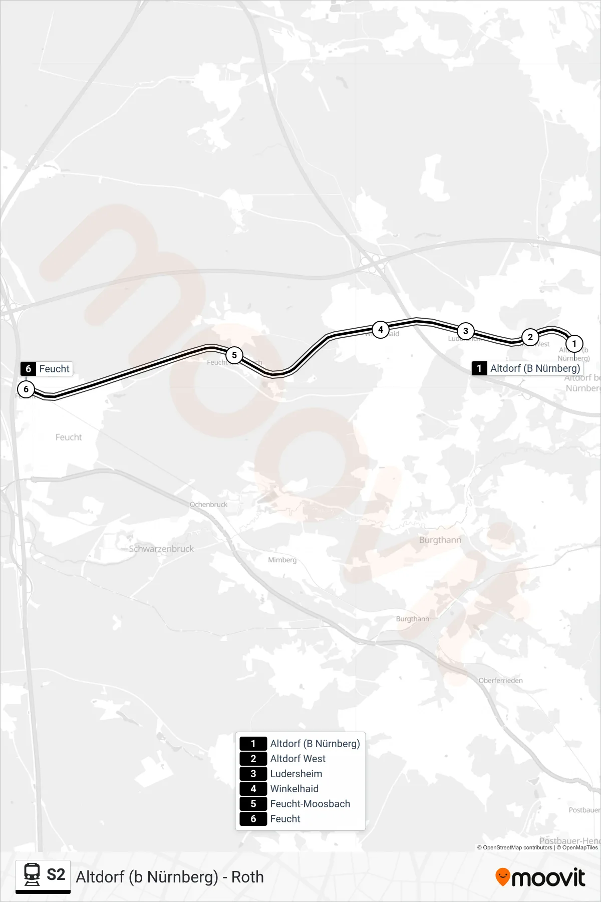 Linie S2 (Bahn) Richtung Feucht: Route und Haltestellen auf der Karte