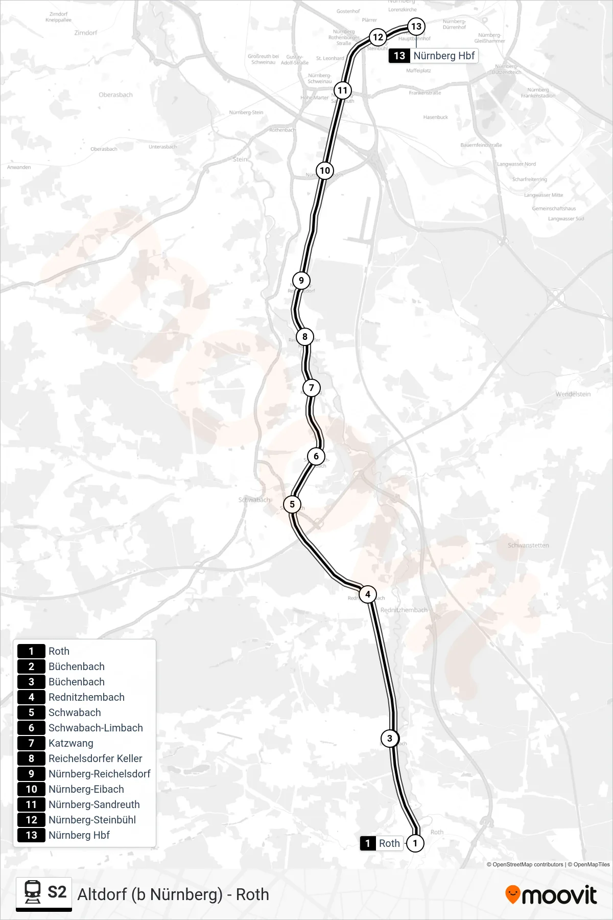 S2 train Line (Nürnberg Hbf) route and stops on a map