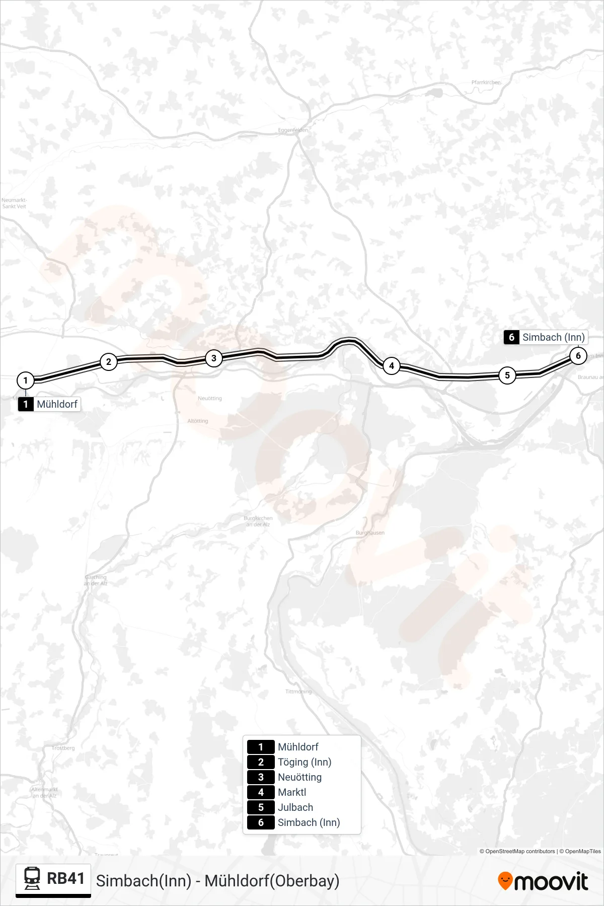 RB41 tram Line (Simbach(Inn)) route and stops on a map