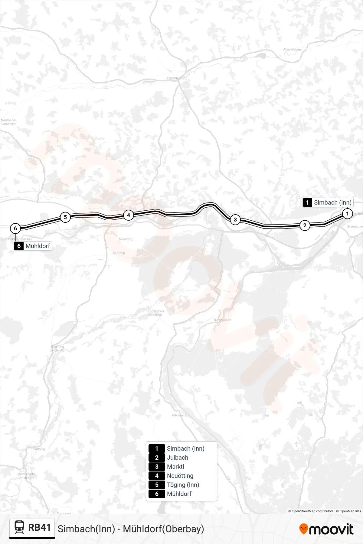 Linie RB41 (Tram) Richtung Mühldorf(Oberbay): Route und Haltestellen auf der Karte