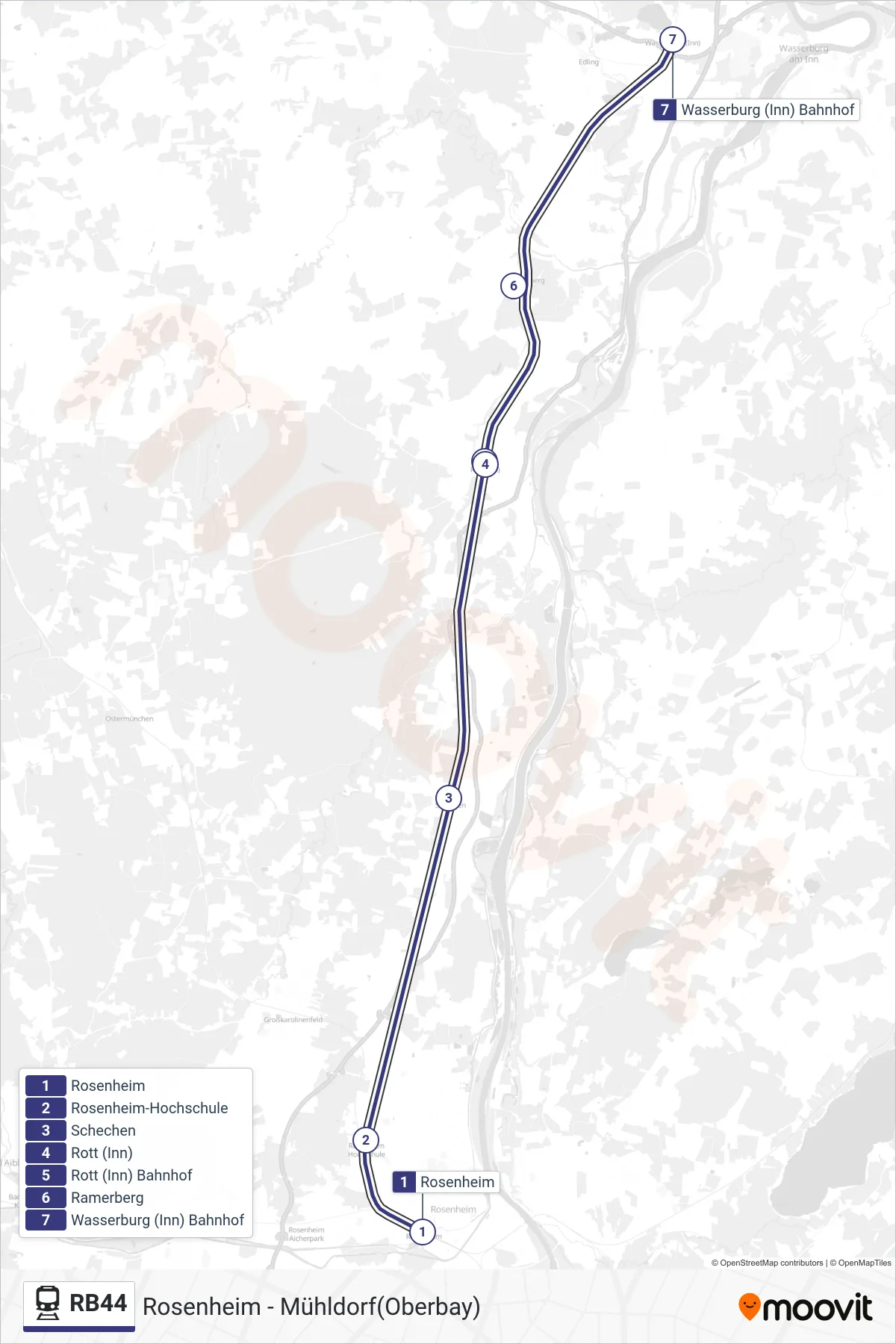 RB44 tram Line (Wasserburg(Inn)Bf) route and stops on a map