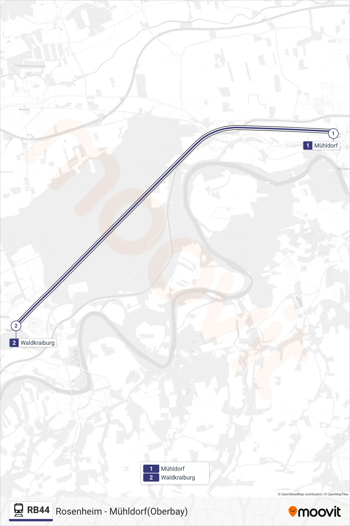 RB44 tram Line (Waldkraiburg-Kraiburg) route and stops on a map