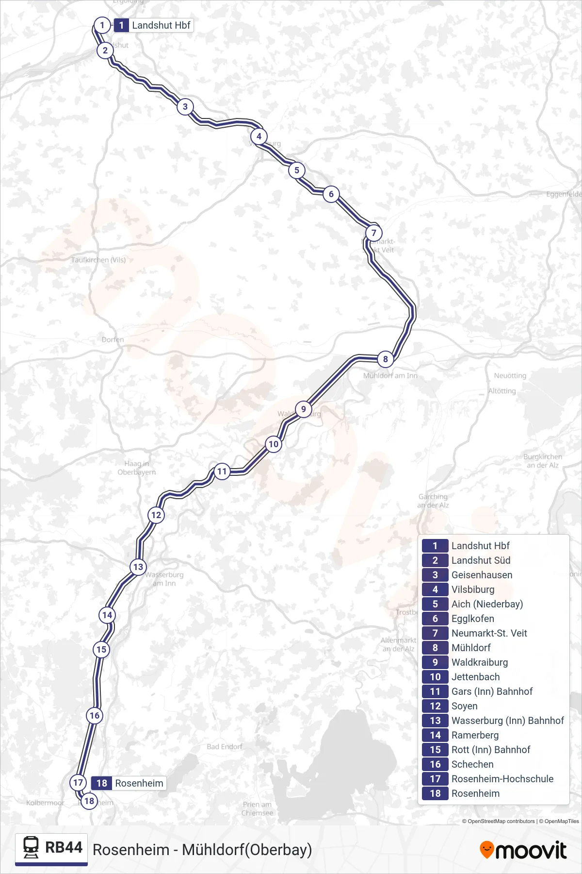 Linie RB44 (Tram) Richtung Rosenheim: Route und Haltestellen auf der Karte