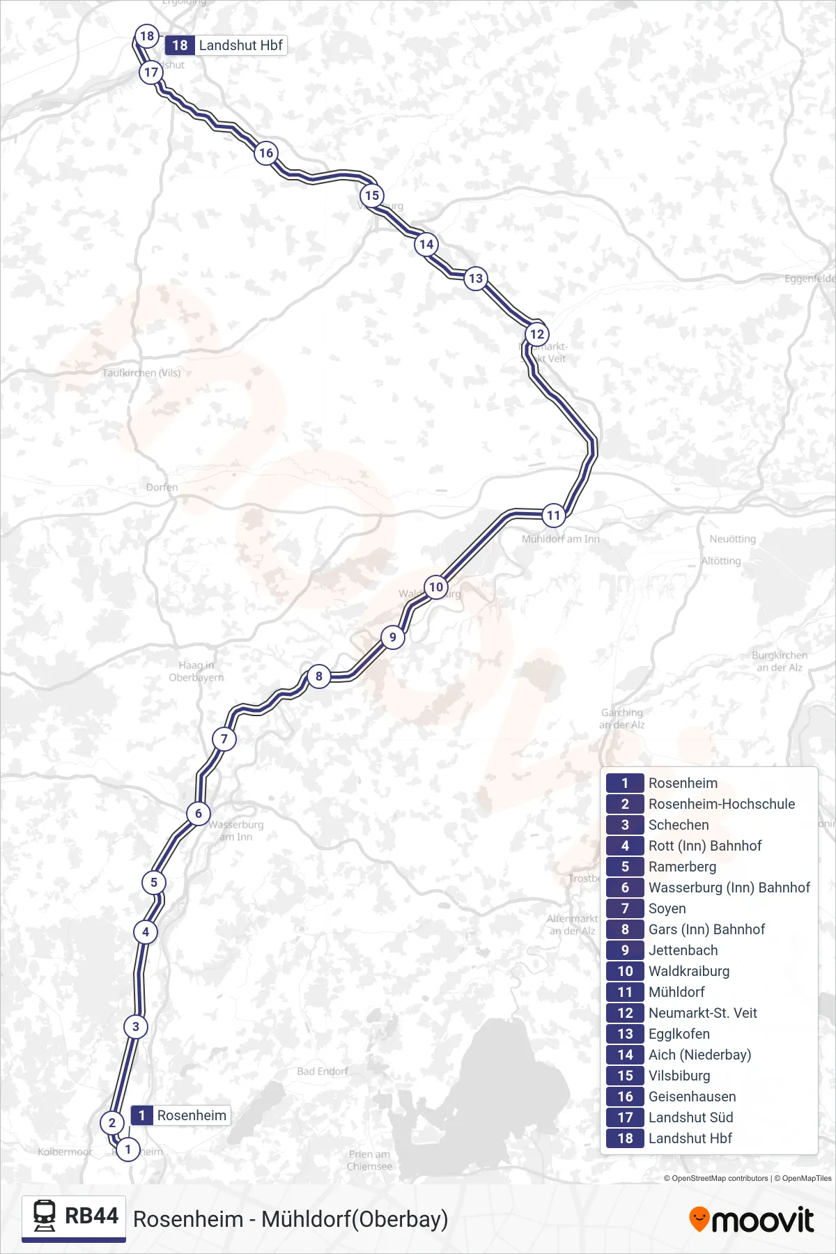 RB44 tram Line (Landshut(Bay)Hbf) route and stops on a map