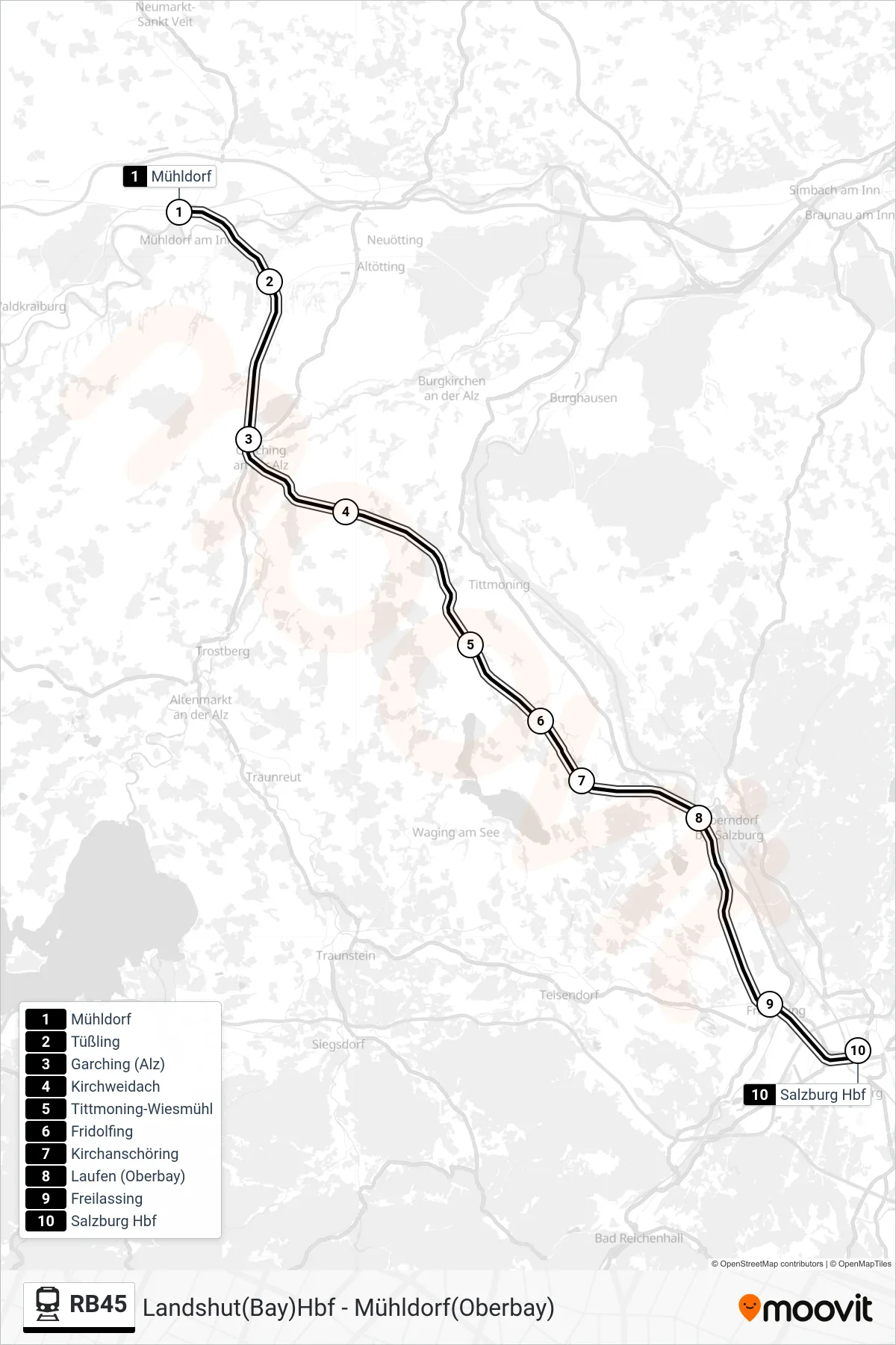 RB45 tram Line (Salzburg Hbf) route and stops on a map