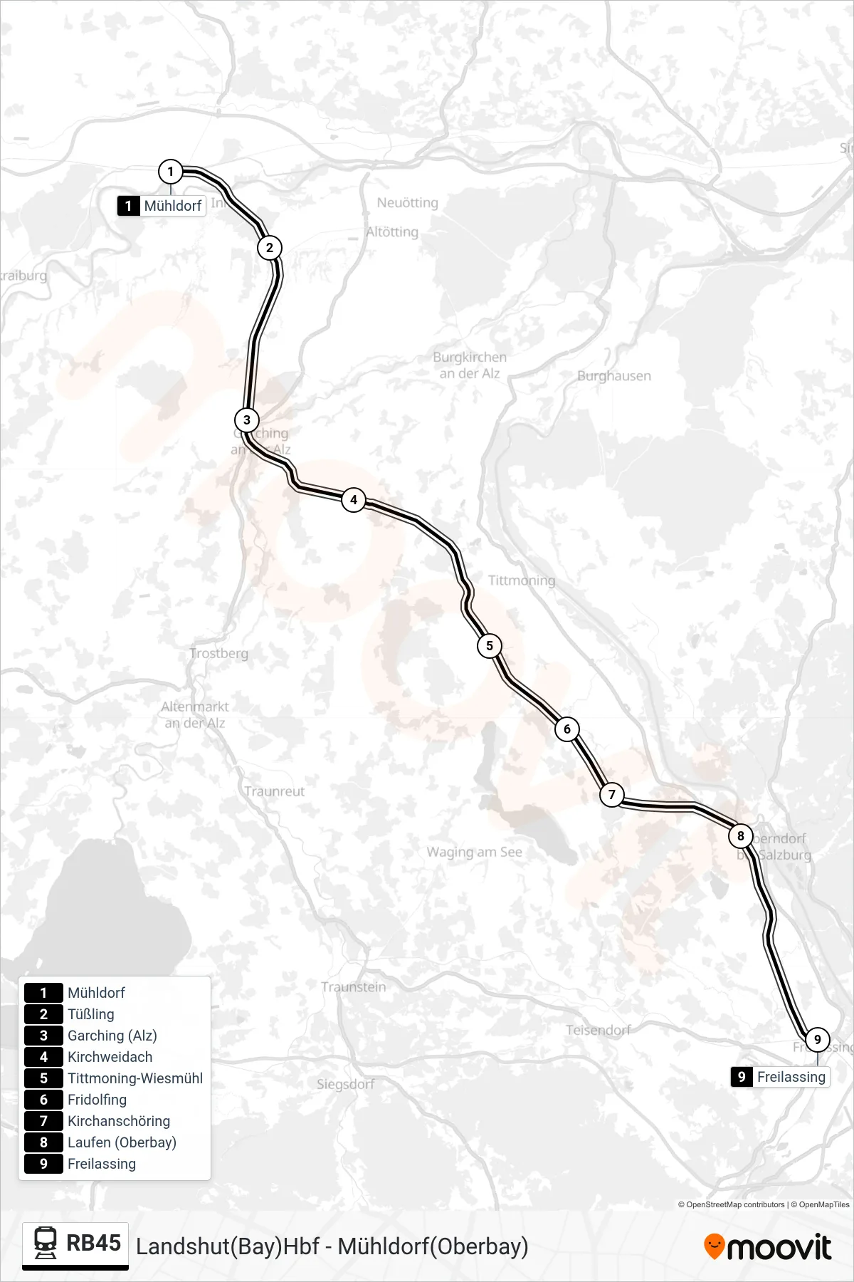 RB45 tram Line (Freilassing) route and stops on a map