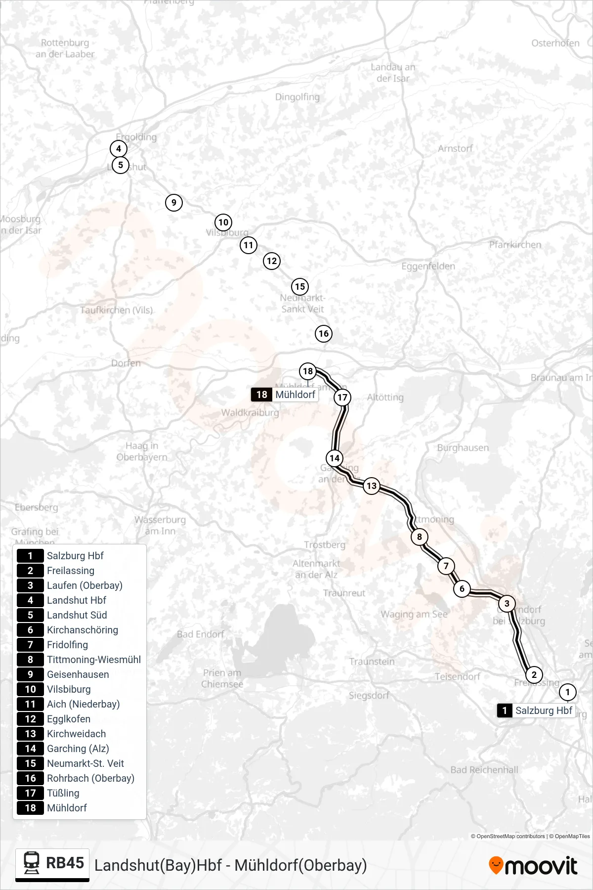 RB45 tram Line (Mühldorf(Oberbay)) route and stops on a map