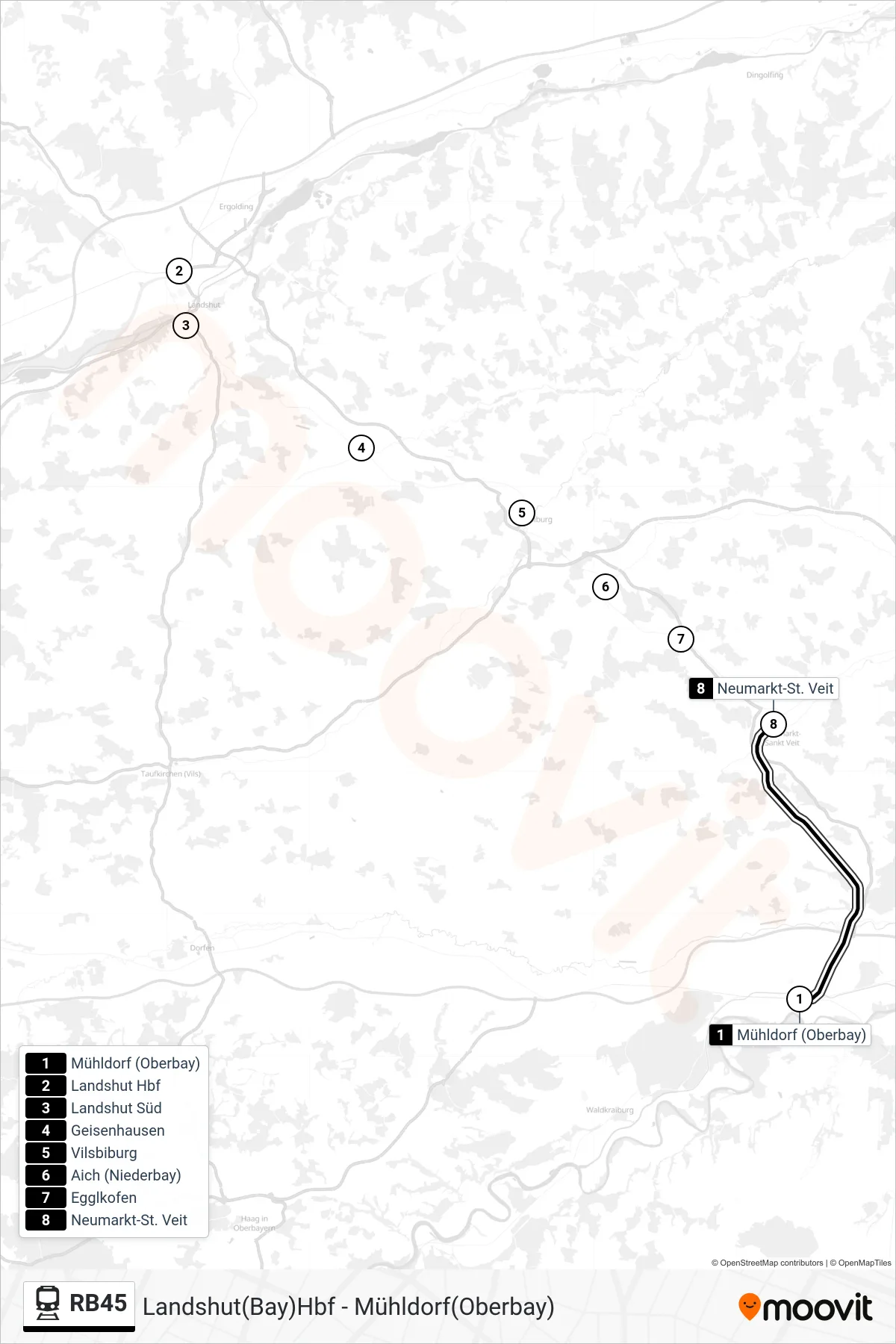 RB45 tram Line (Neumarkt-St Veit) route and stops on a map