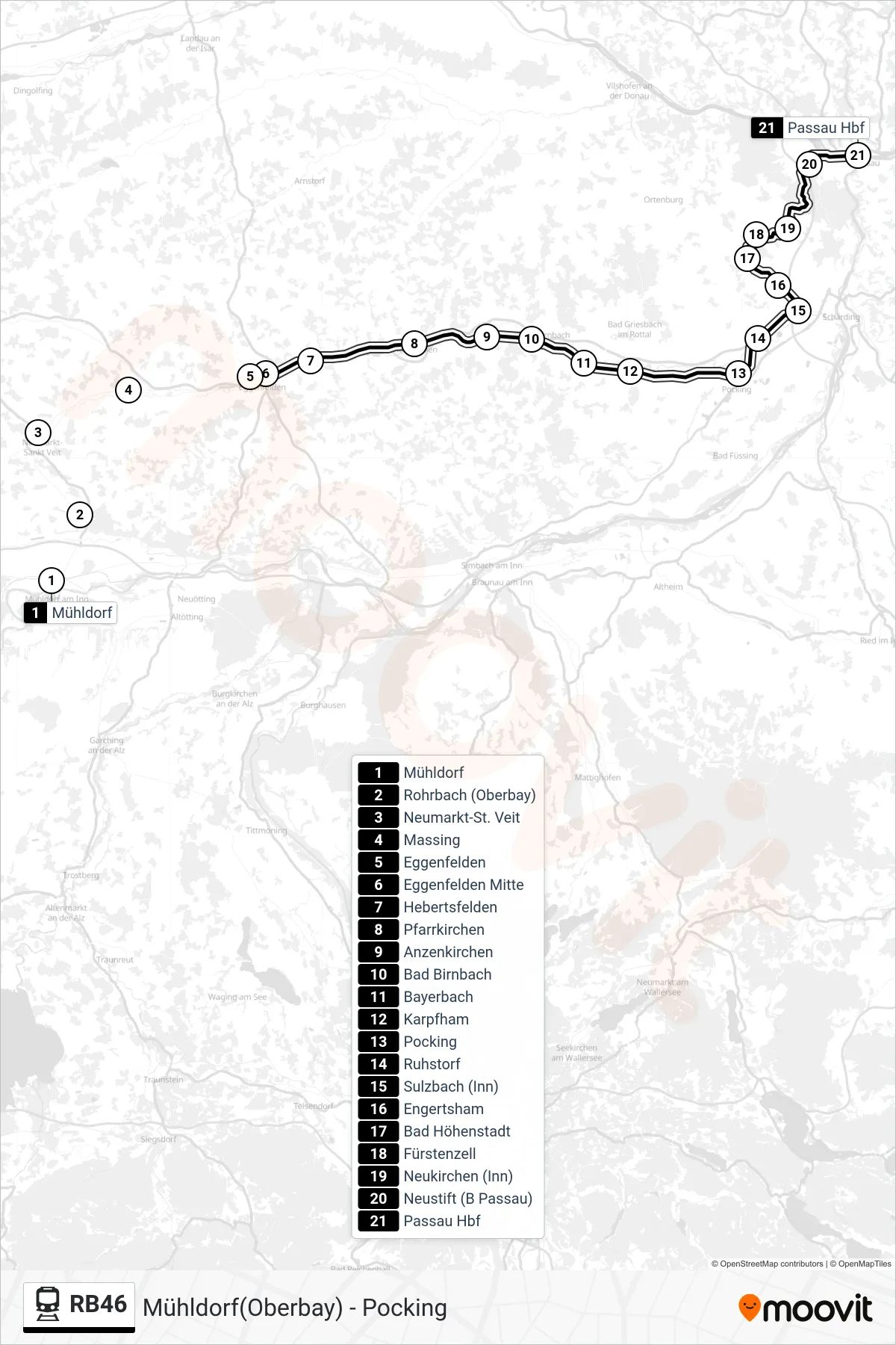 Linie RB46 (Tram) Richtung Passau Hbf: Route und Haltestellen auf der Karte