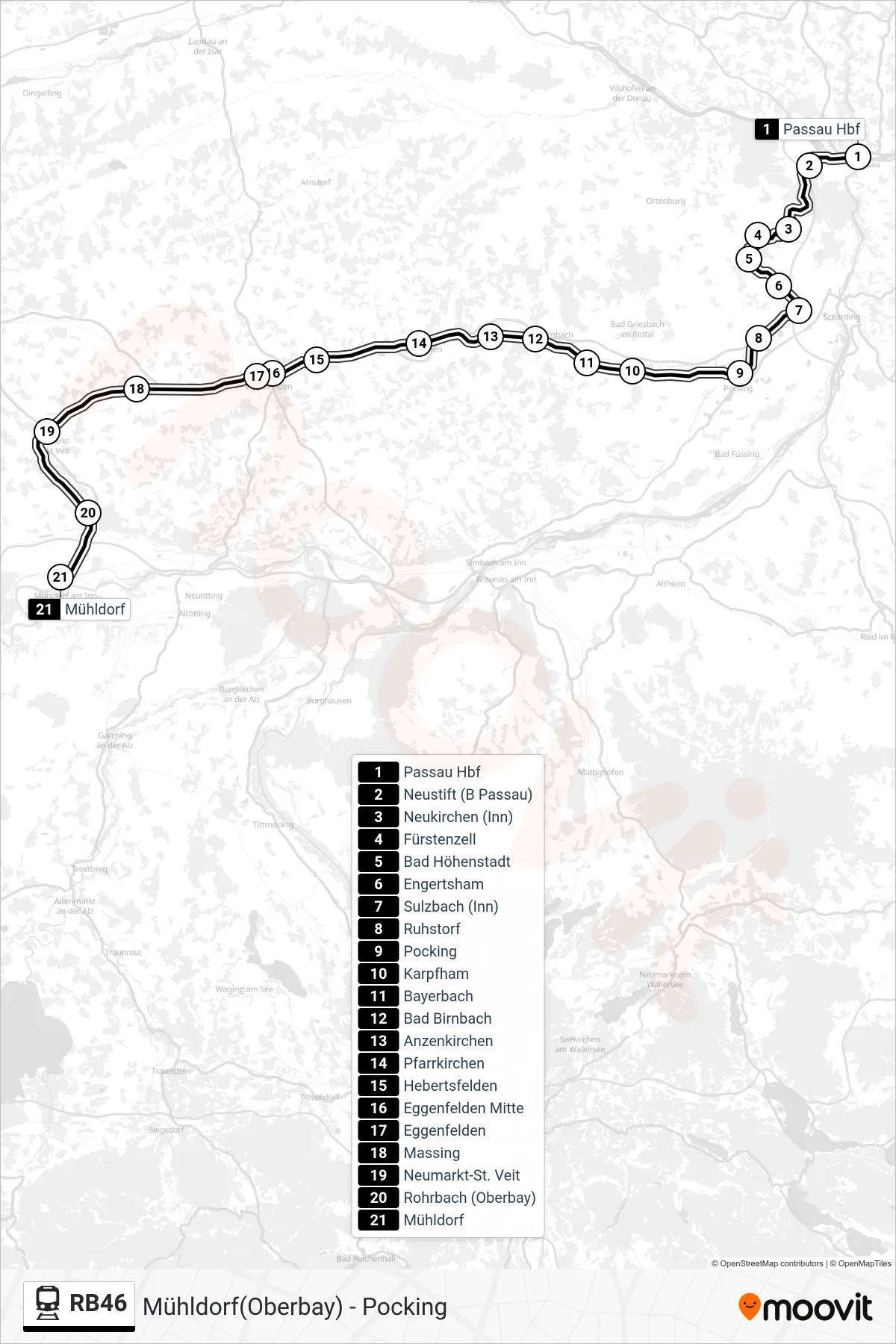 RB46 tram Line (Mühldorf(Oberbay)) route and stops on a map