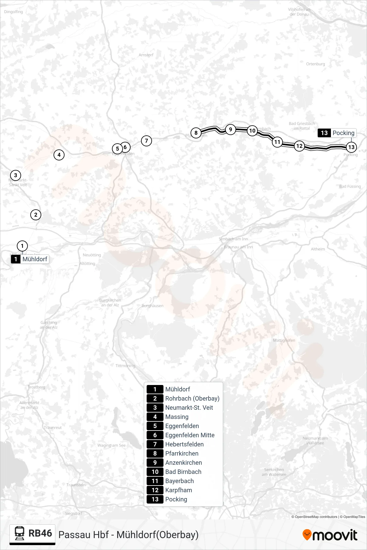 RB46 tram Line (Pocking) route and stops on a map