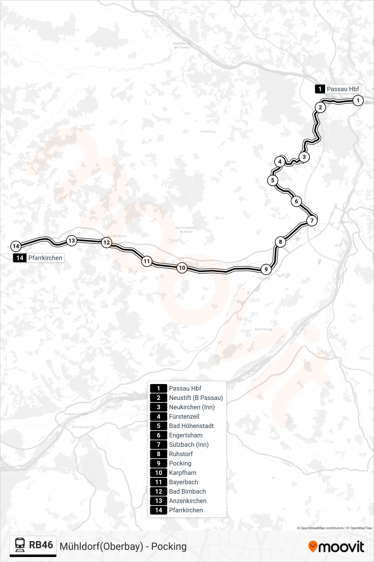 RB46 tram Line (Pfarrkirchen) route and stops on a map