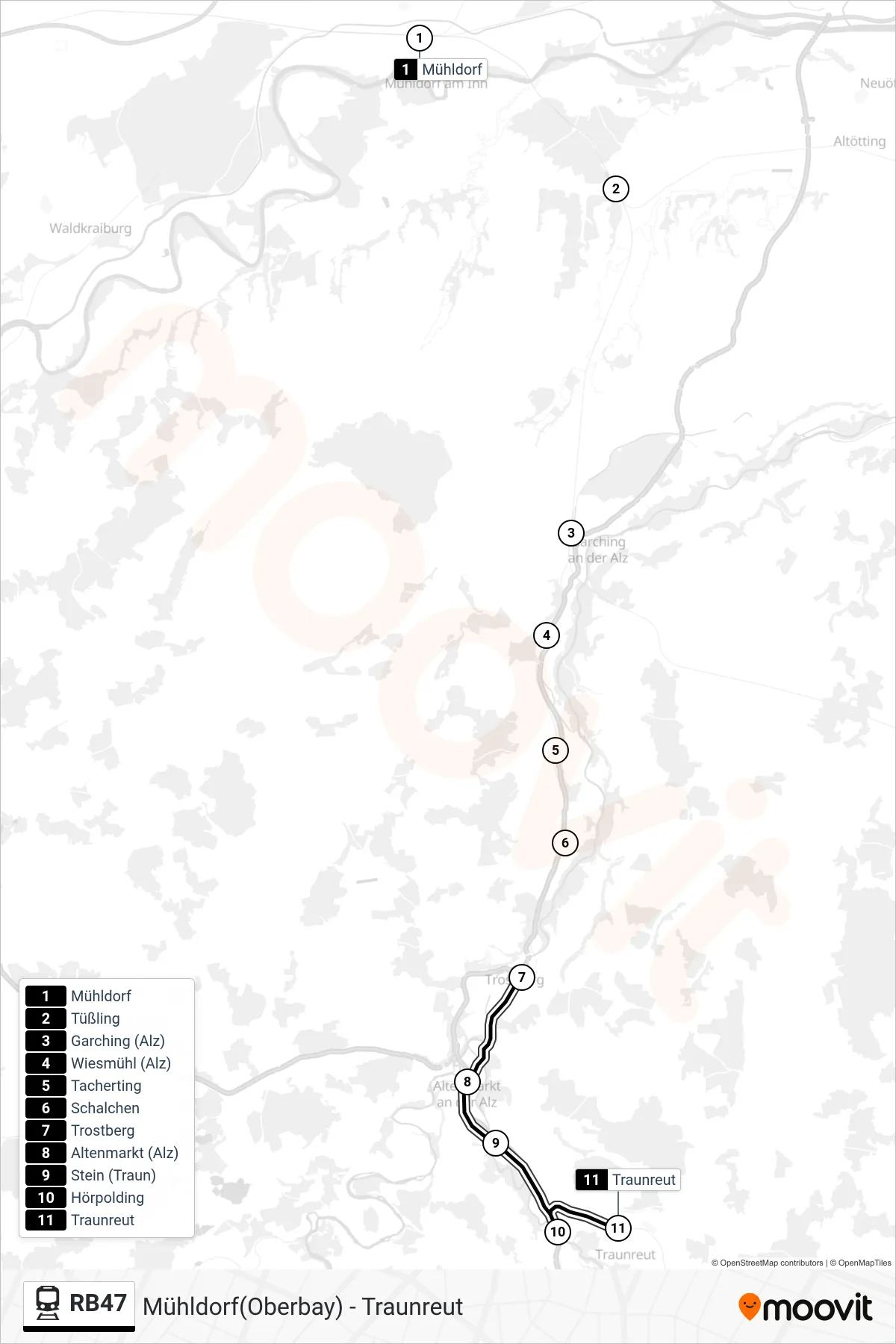Linie RB47 (Tram) Richtung Traunreut: Route und Haltestellen auf der Karte