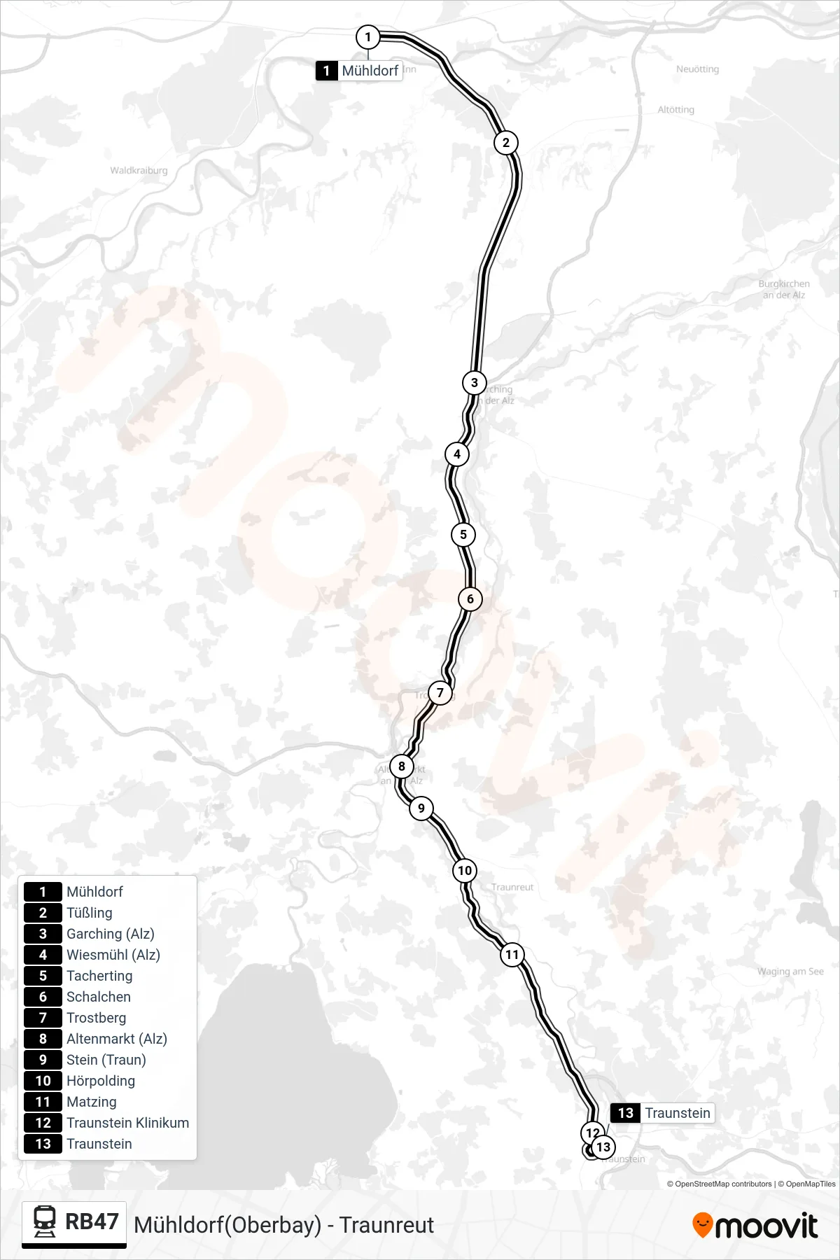 RB47 tram Line (Traunstein) route and stops on a map