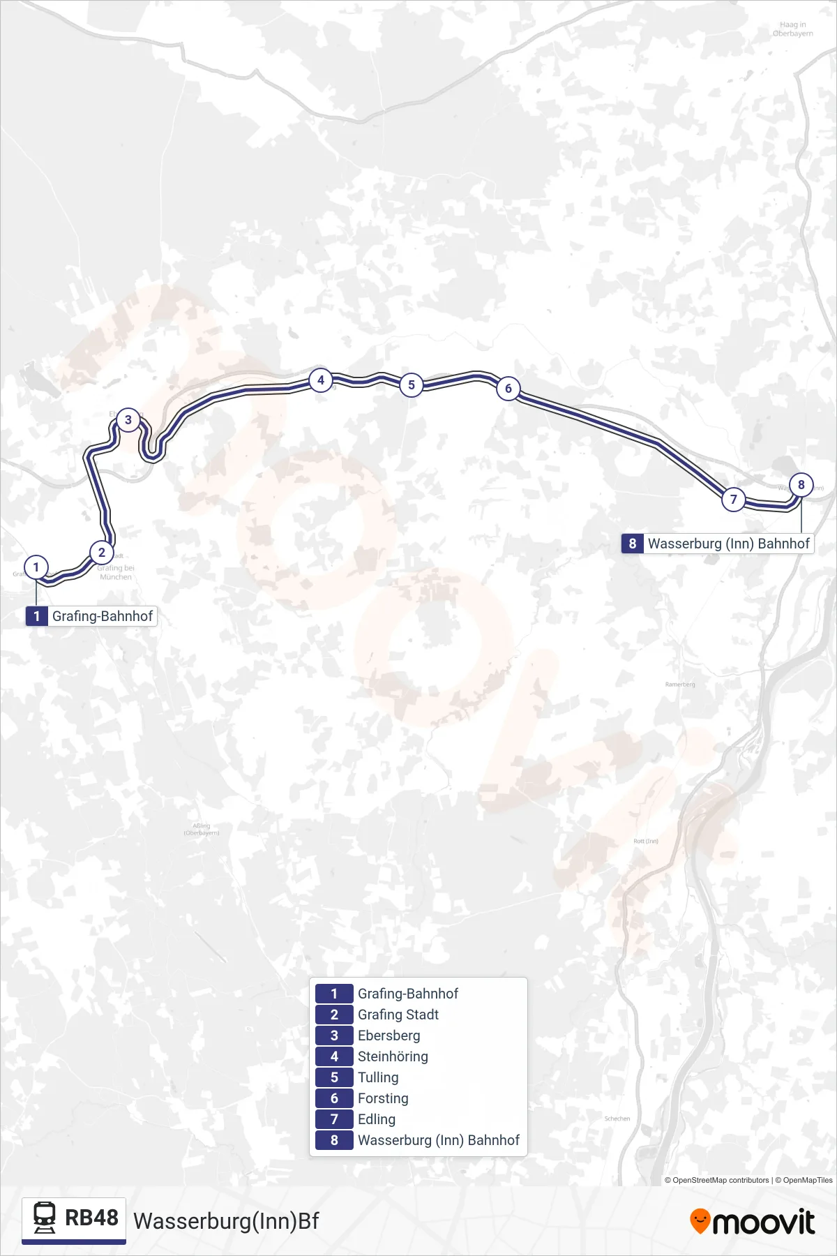 RB48 tram Line (Wasserburg(Inn)Bf) route and stops on a map