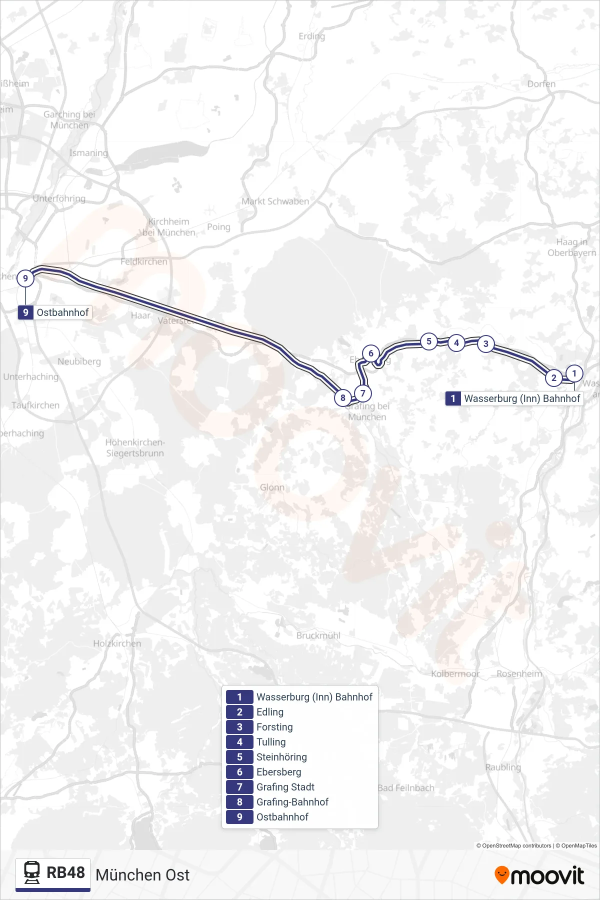RB48 tram Line (München Ost) route and stops on a map
