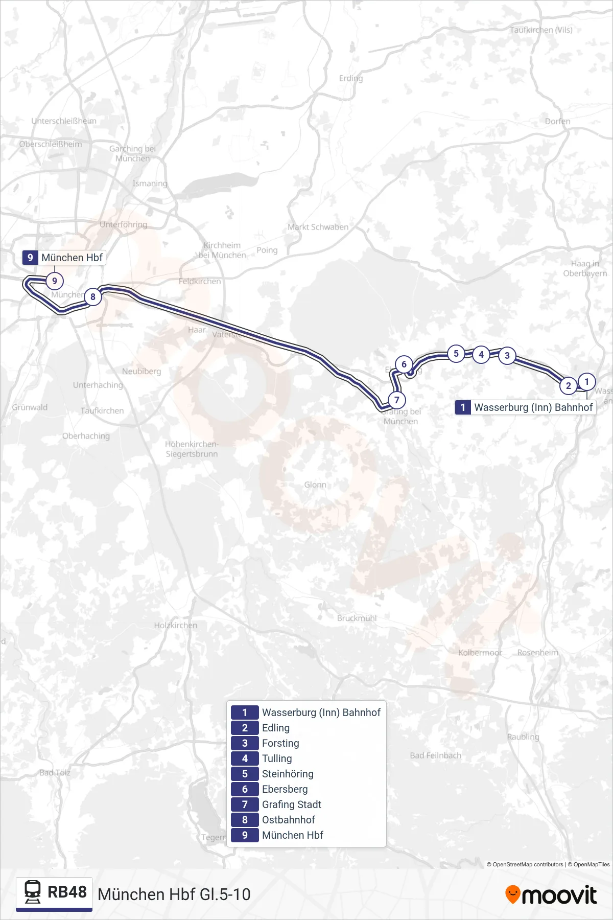Linie RB48 (Tram) Richtung München Hbf Gl.5-10: Route und Haltestellen auf der Karte