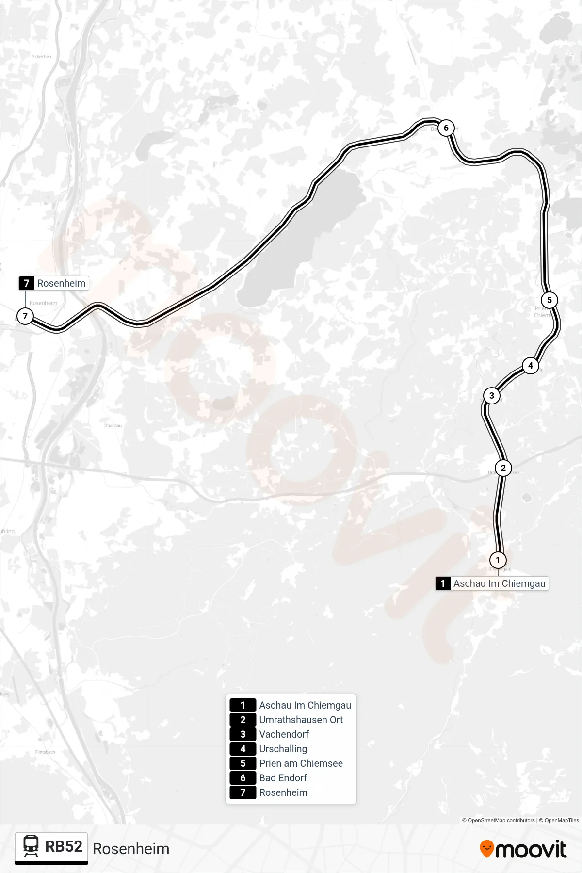 RB52 tram Line (Rosenheim) route and stops on a map