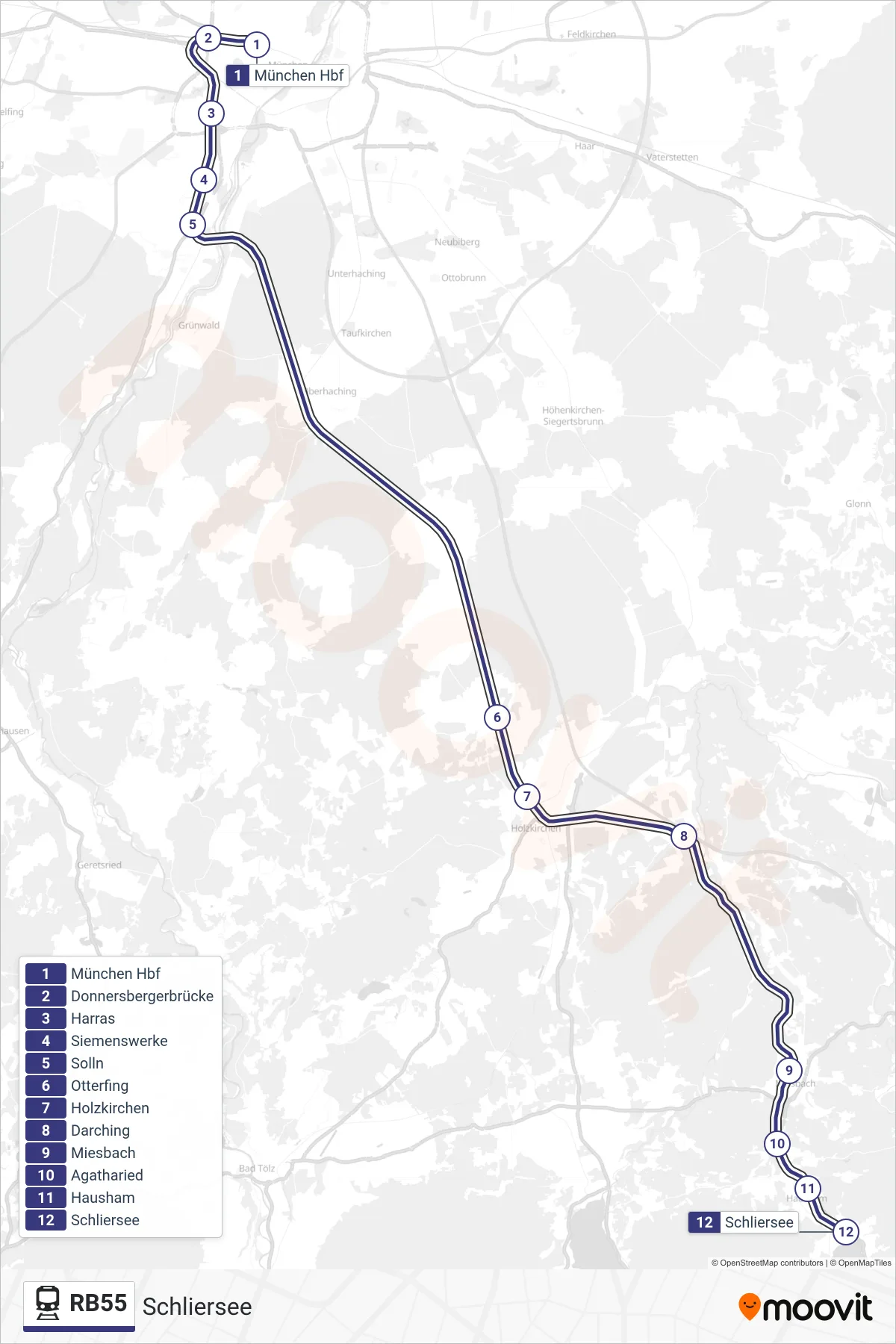 Linie RB55 (Bahn) Richtung Schliersee: Route und Haltestellen auf der Karte