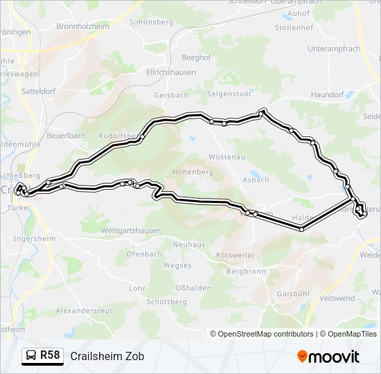 Автобус R58: карта маршрута