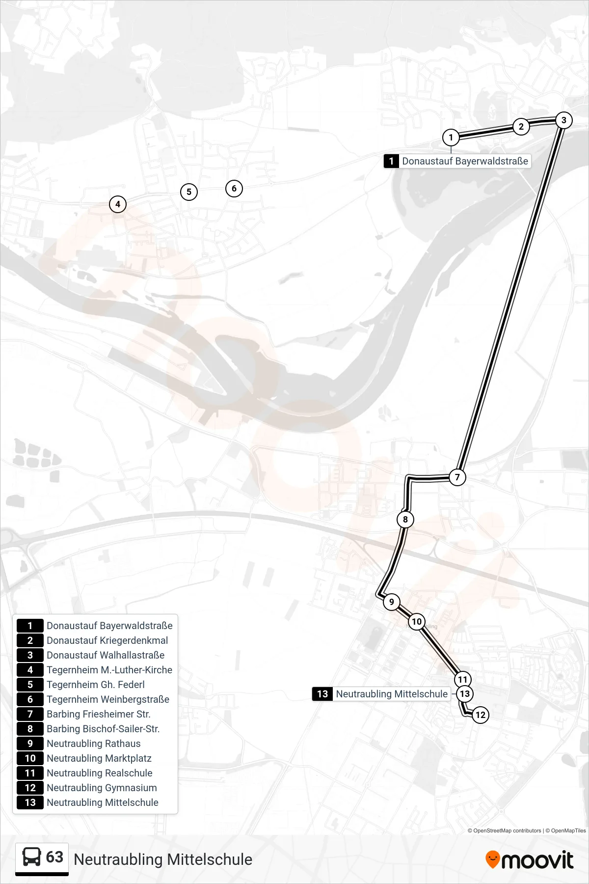 Linie 63 (Bus) Richtung Neutraubling Mittelschule: Route und Haltestellen auf der Karte