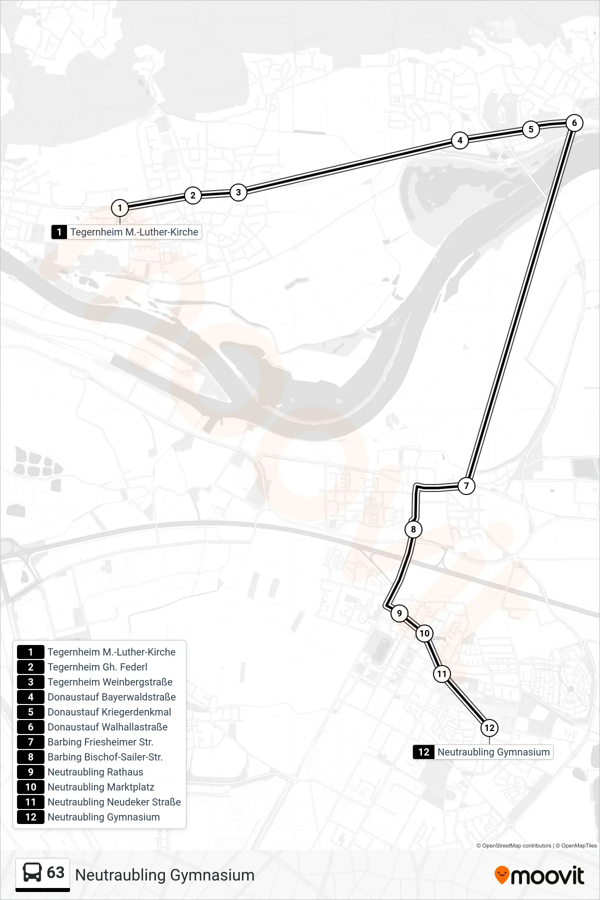 63 bus Line (Neutraubling Gymnasium) route and stops on a map