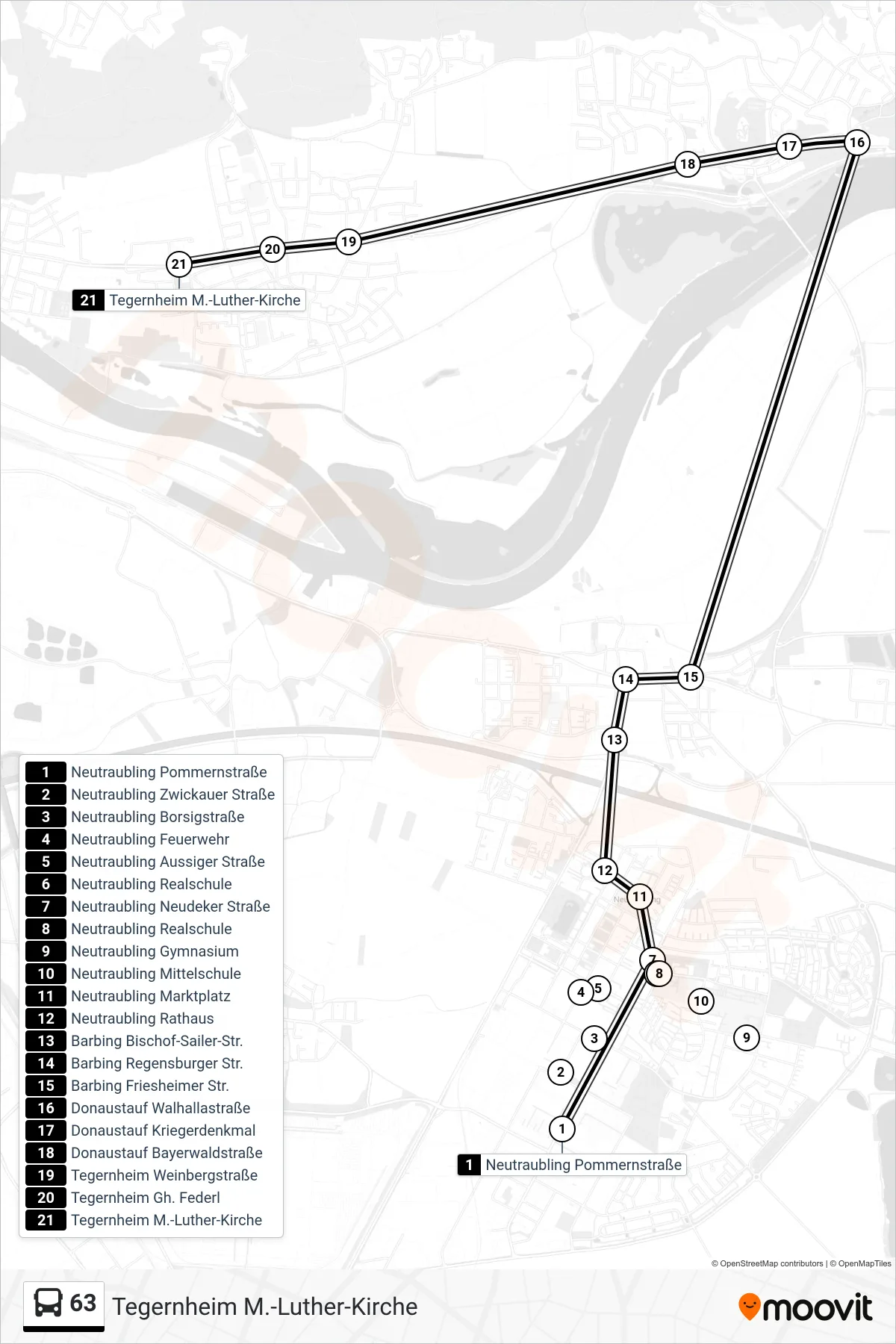 63 bus Line (Tegernheim M.-Luther-Kirche) route and stops on a map