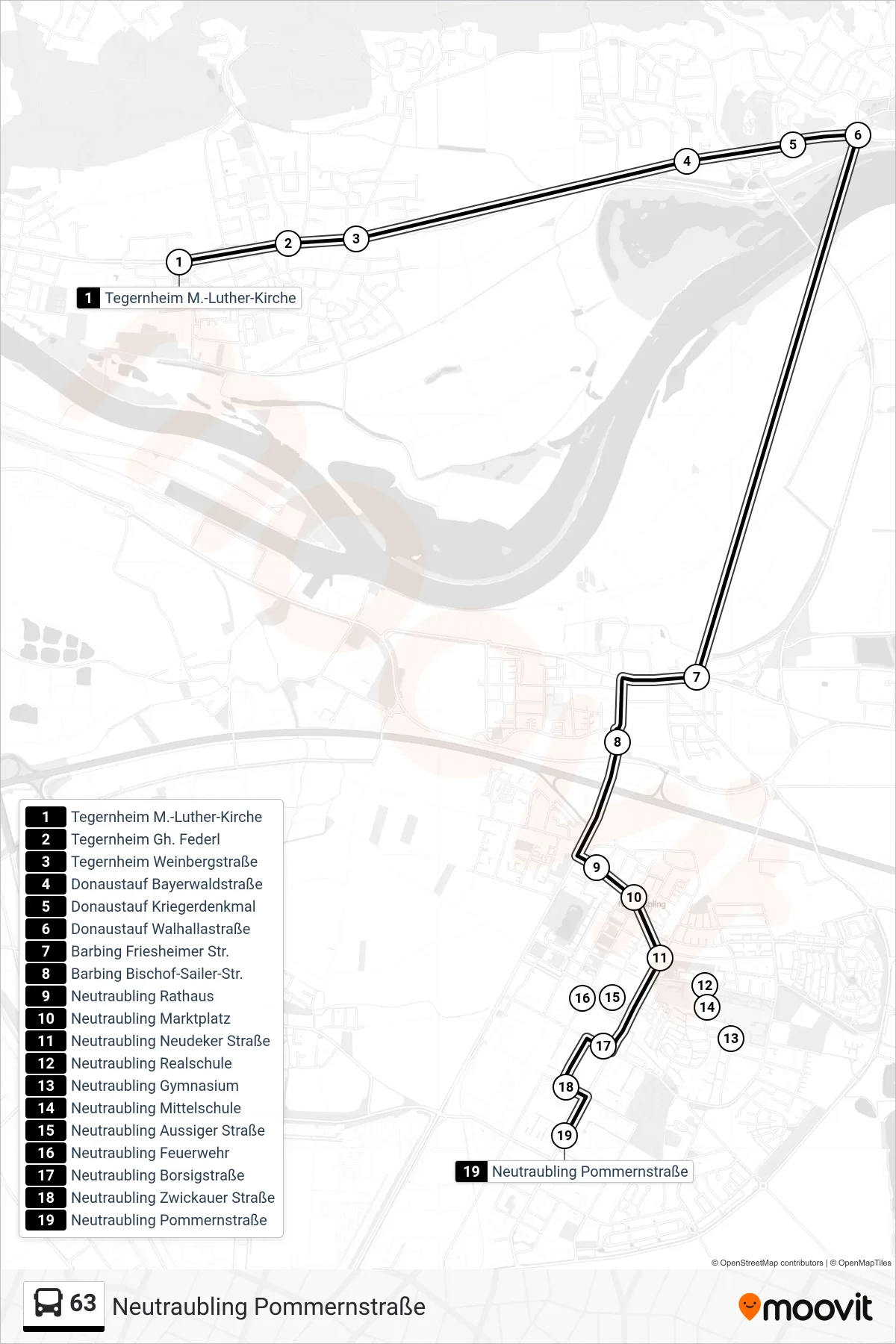 63 bus Line (Neutraubling Pommernstraße) route and stops on a map