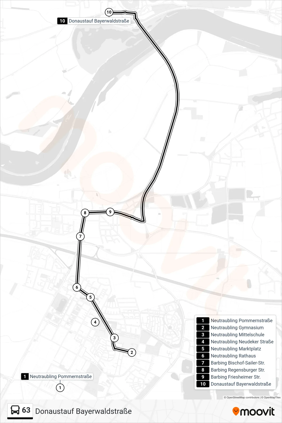 63 bus Line (Donaustauf Bayerwaldstraße) route and stops on a map