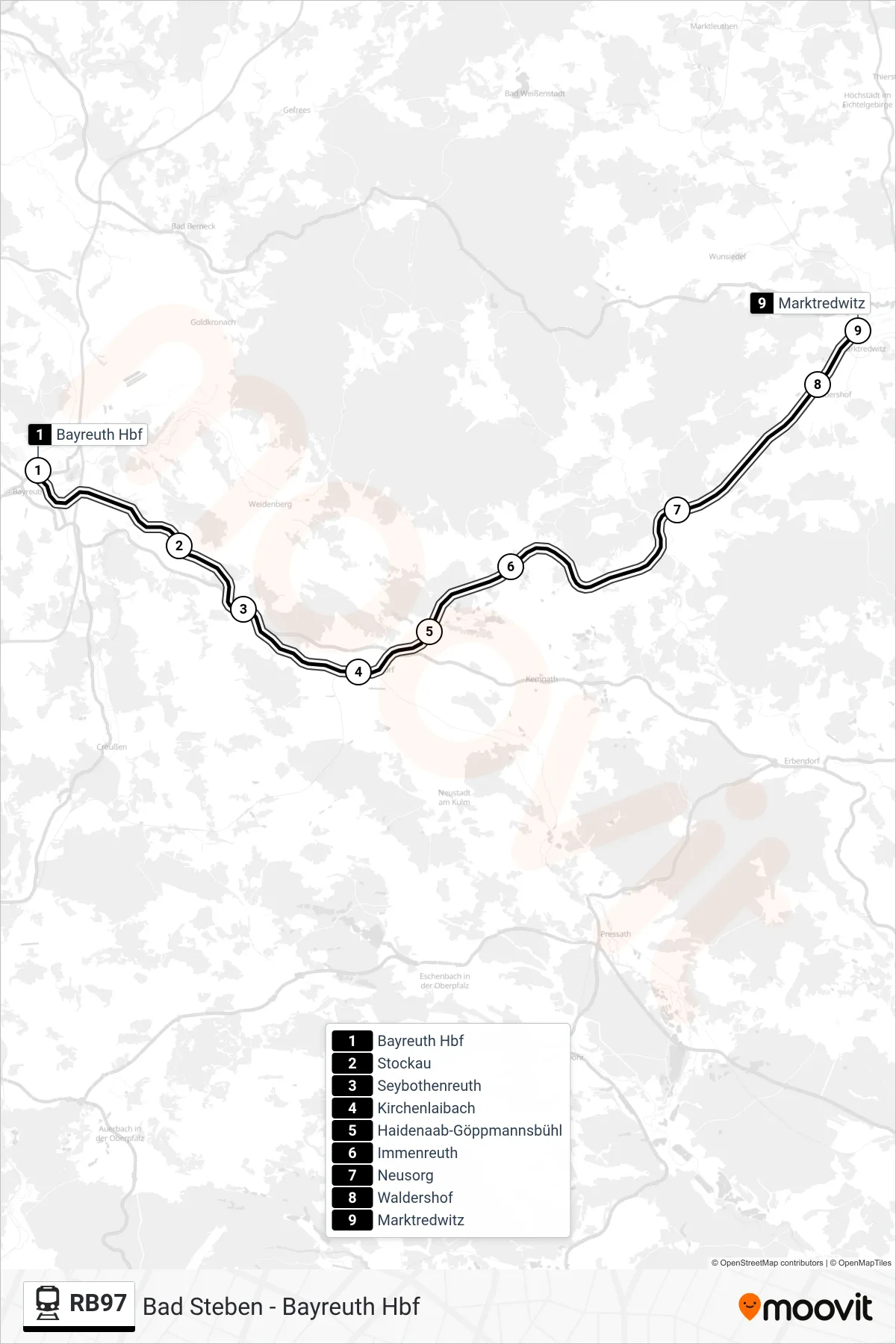 RB97 tram Line (Marktredwitz) route and stops on a map
