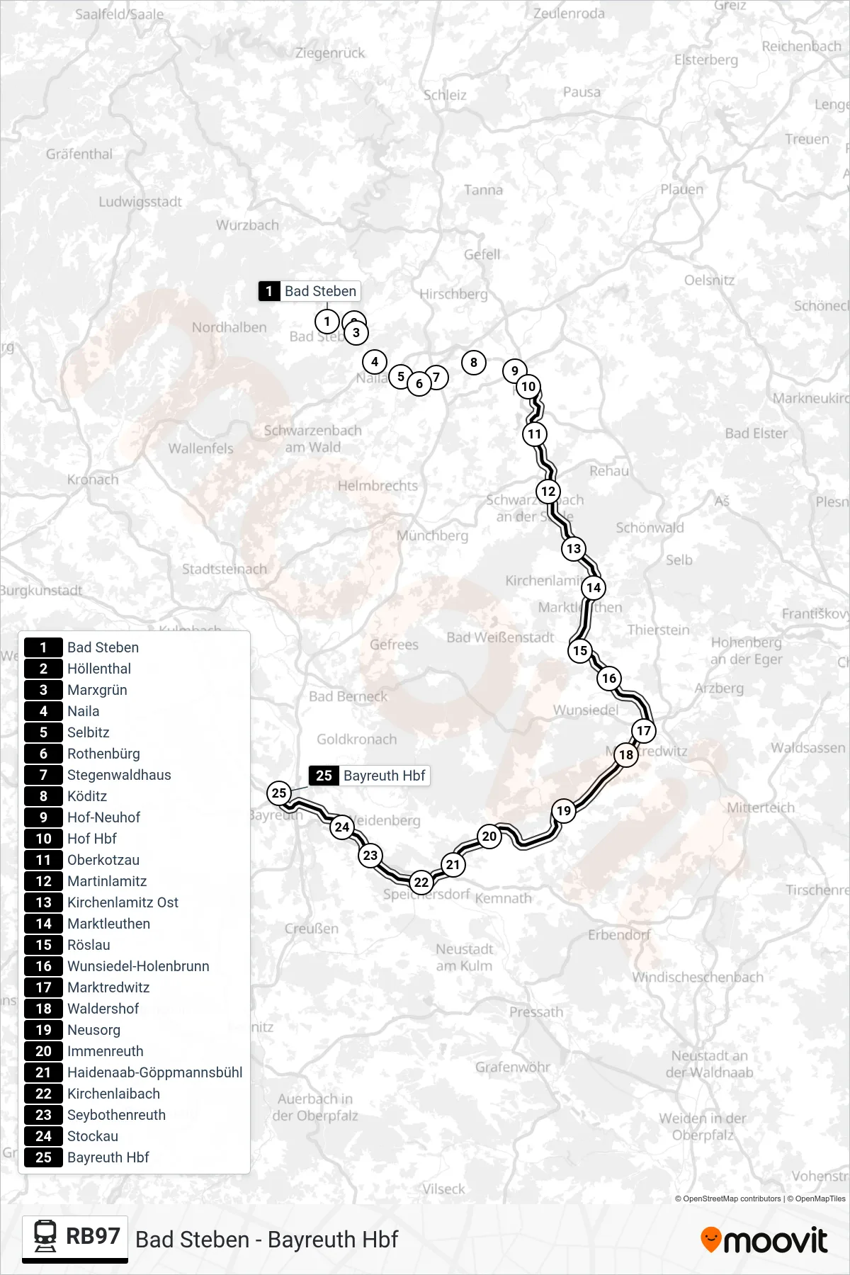 RB97 tram Line (Bayreuth Hbf) route and stops on a map