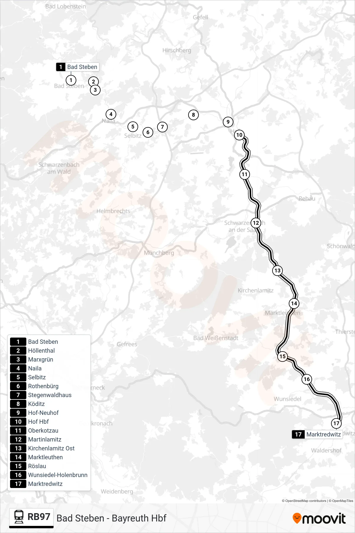 RB97 tram Line (Marktredwitz) route and stops on a map