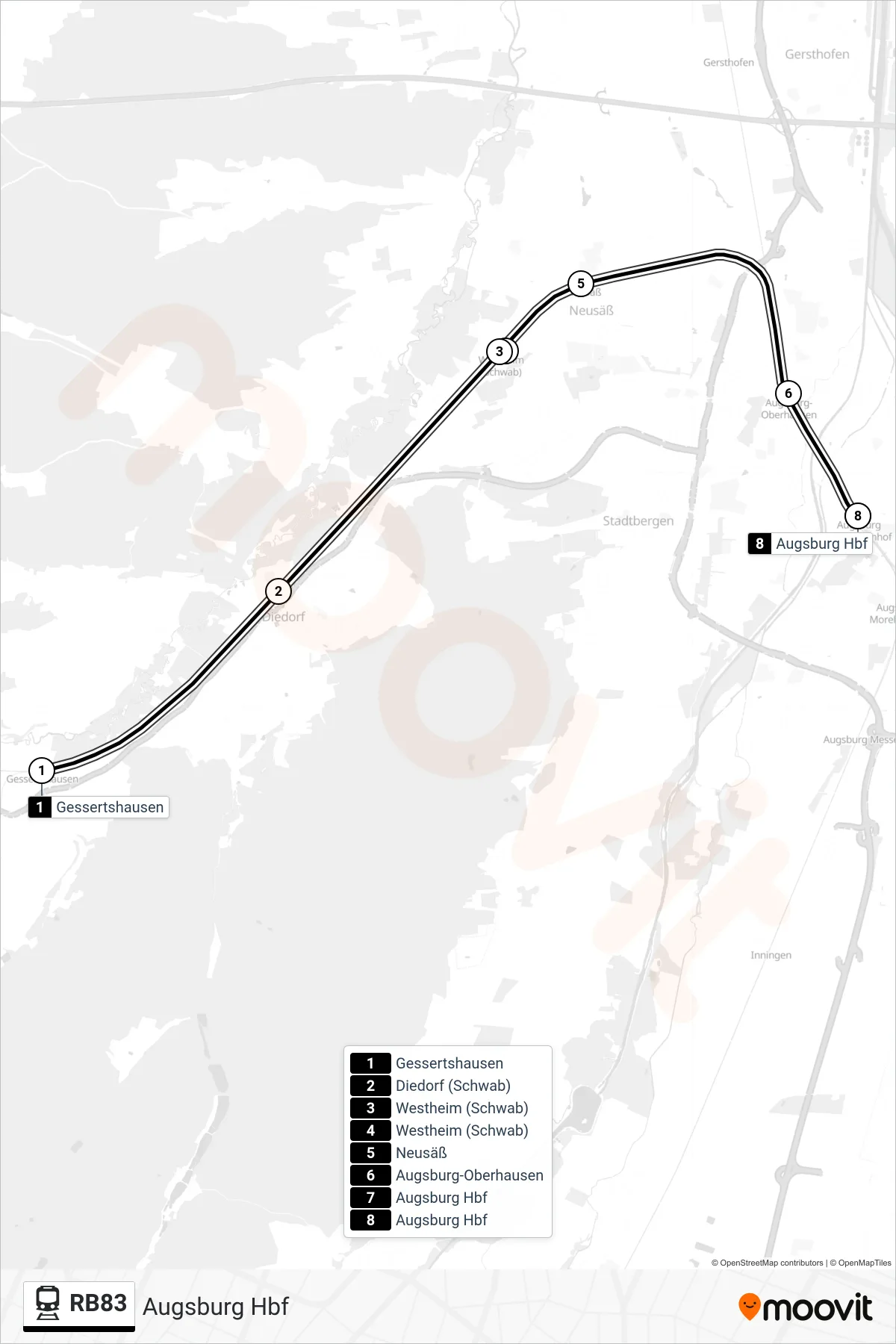RB83 train Line (Augsburg Hbf) route and stops on a map