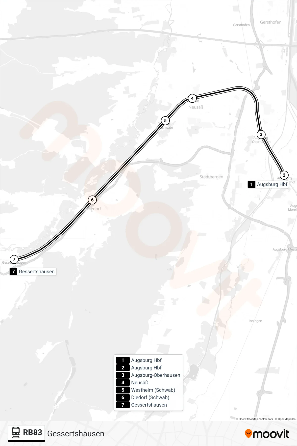Linie RB83 (Bahn) Richtung Gessertshausen: Route und Haltestellen auf der Karte