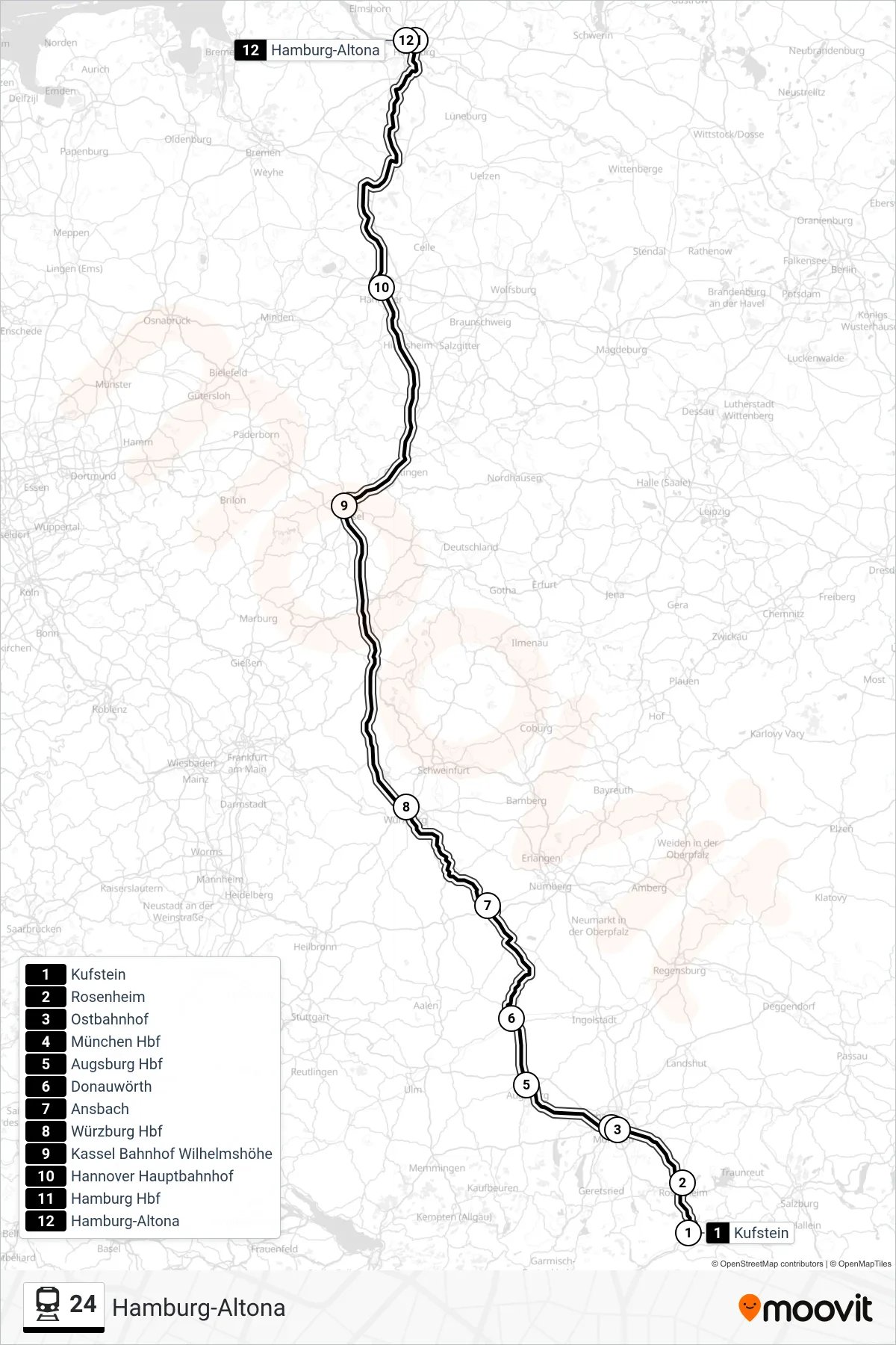 24 train Line (Hamburg-Altona) route and stops on a map
