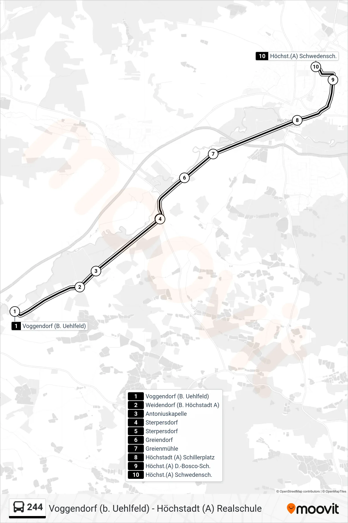 244 bus Line (Höchstadt Schwedenschanze 96) route and stops on a map