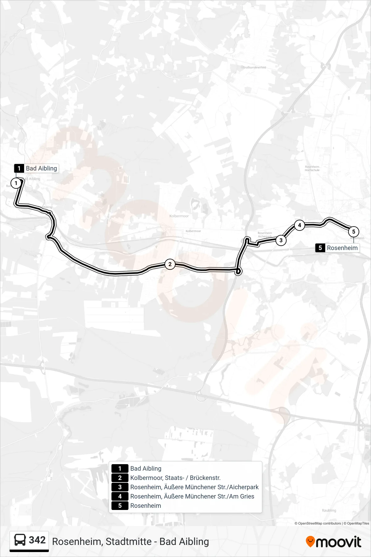 342 bus Line (Rosenheim Bahnhof) route and stops on a map