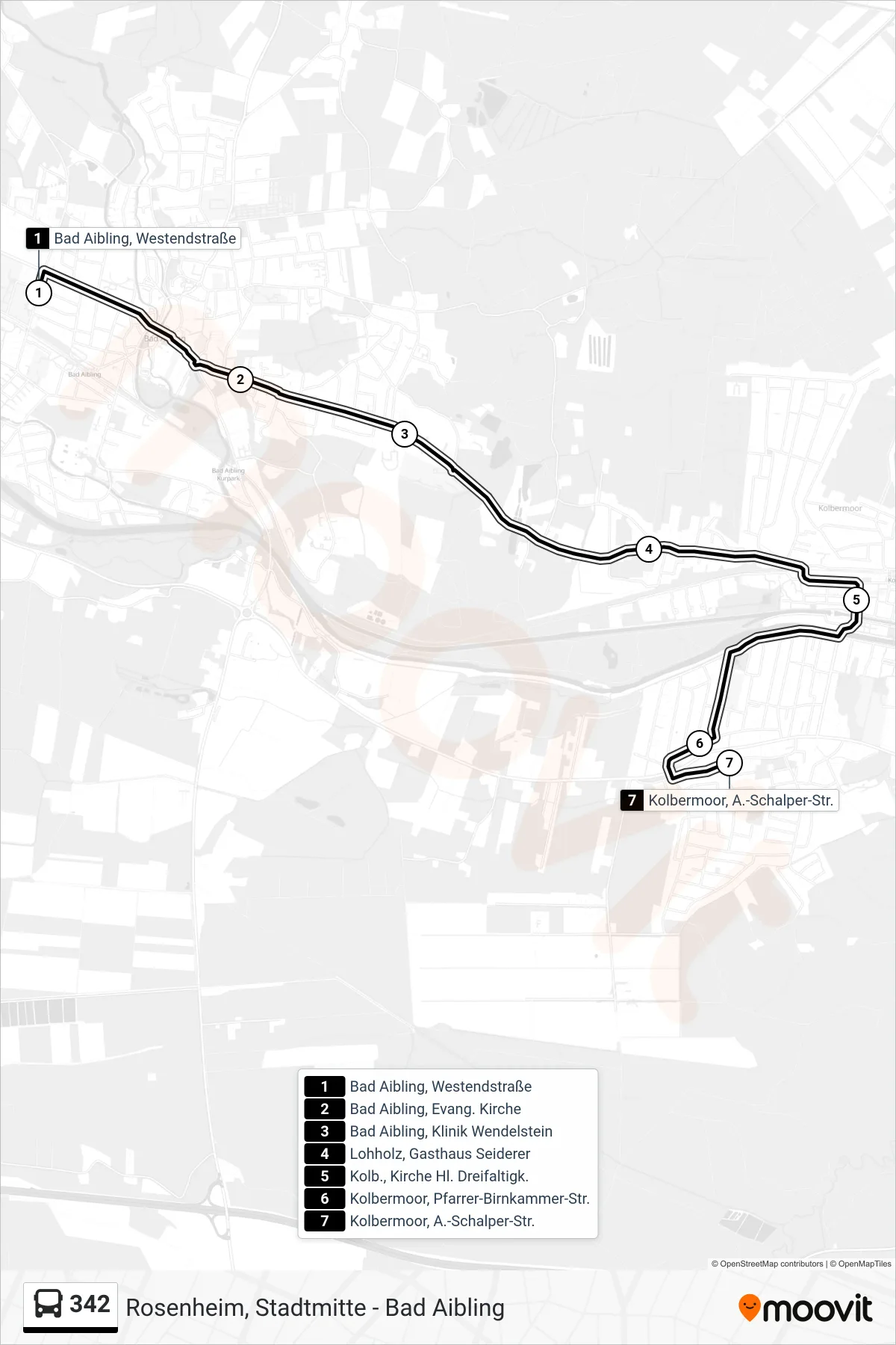 Linie 342 (Bus) Richtung Kolbermoor, A.-Schalper-Str.: Route und Haltestellen auf der Karte