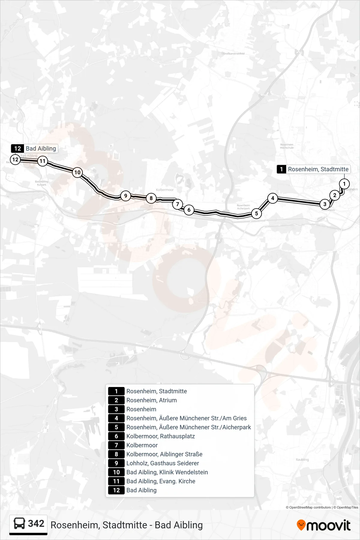 342 bus Line (Bad Aibling) route and stops on a map