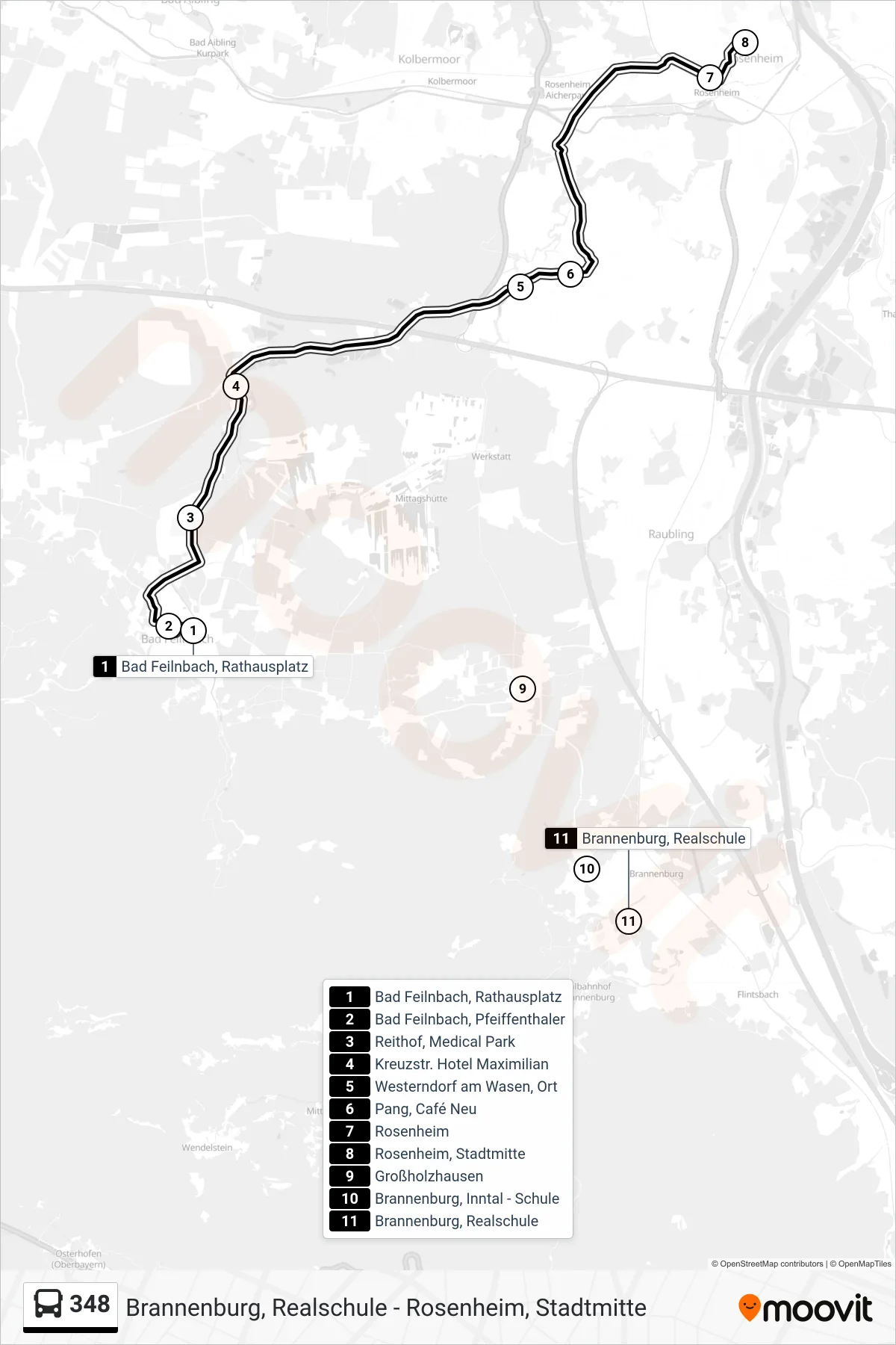 348 bus Line (Ro-Stadtmitte) route and stops on a map