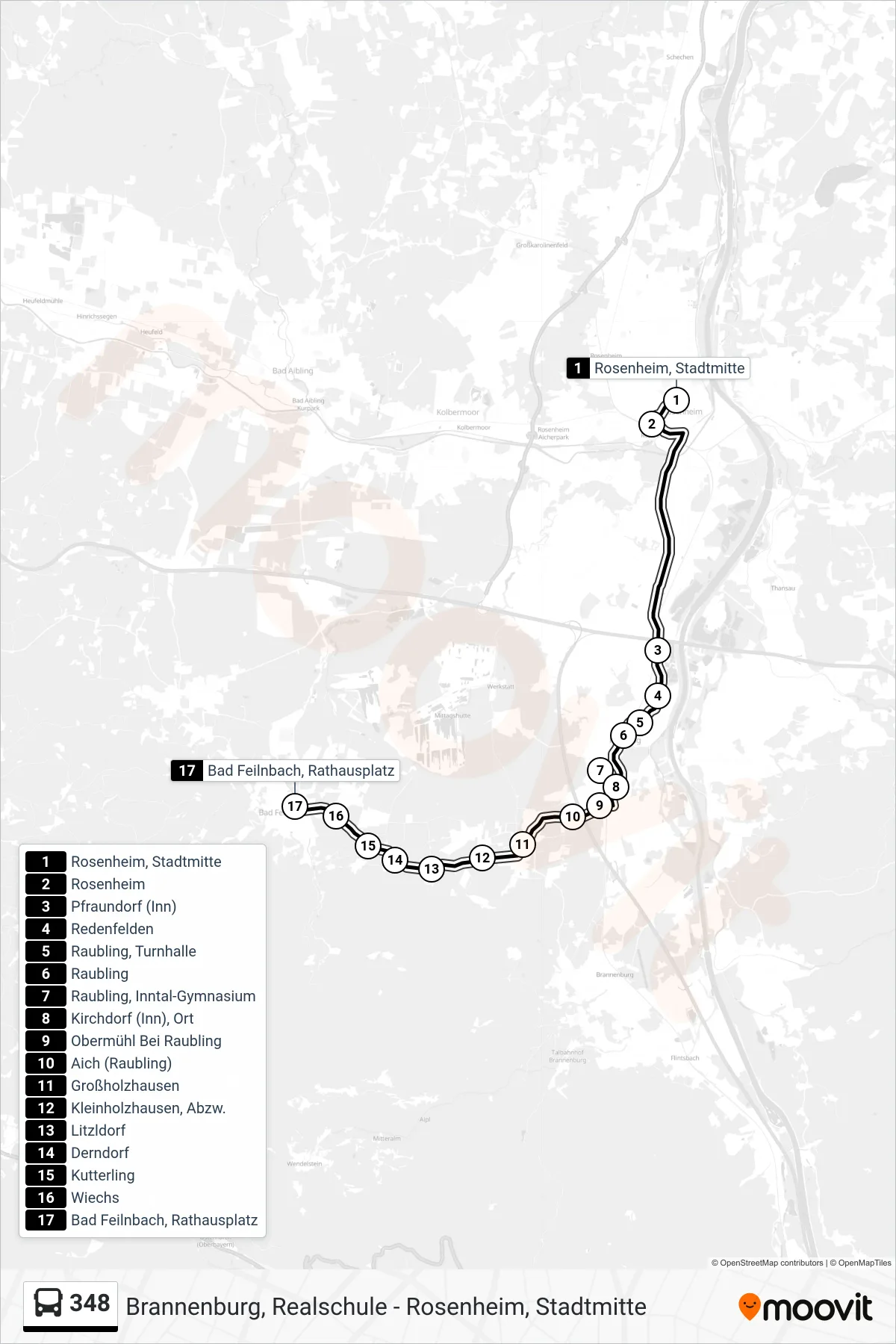 348 bus Line (Bad Feilnbach, Rathausplatz) route and stops on a map
