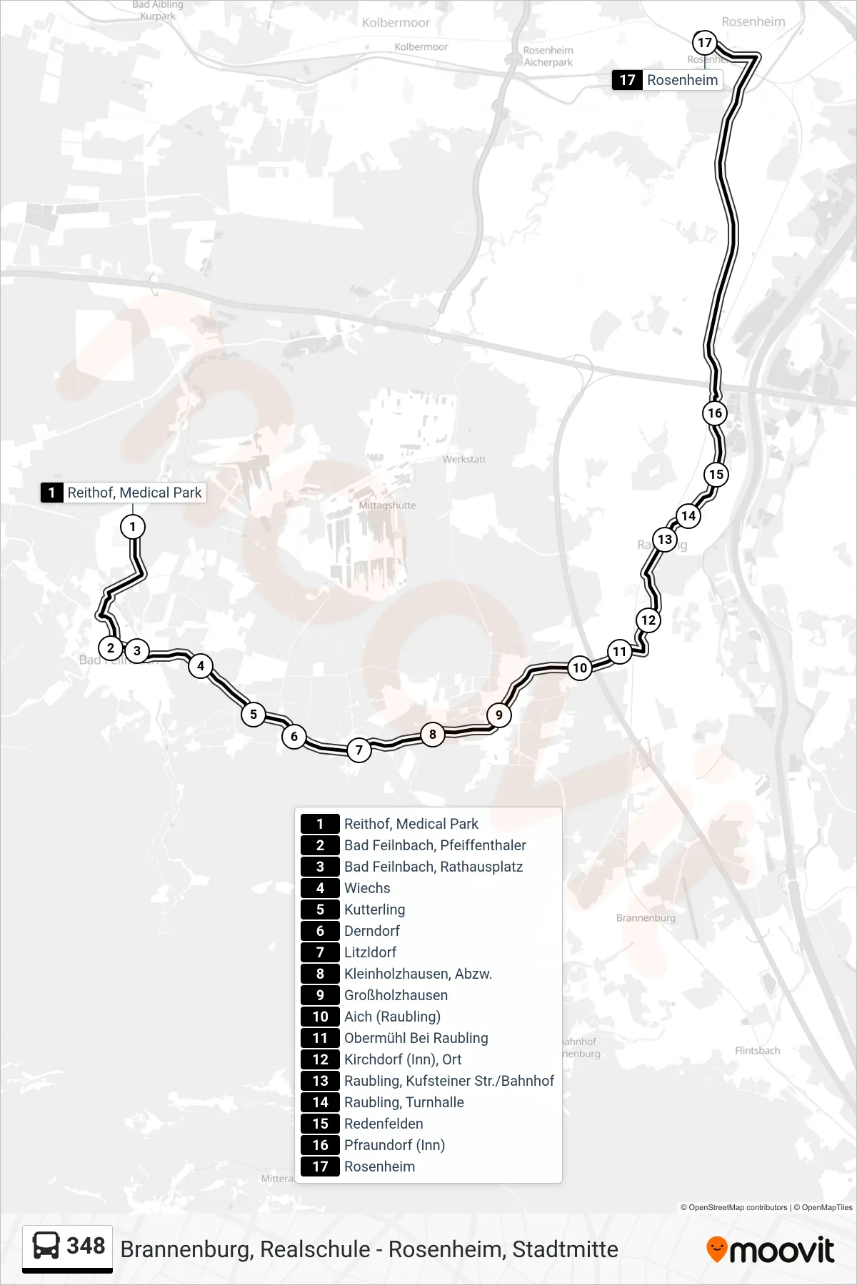348 bus Line (Rosenheim) route and stops on a map