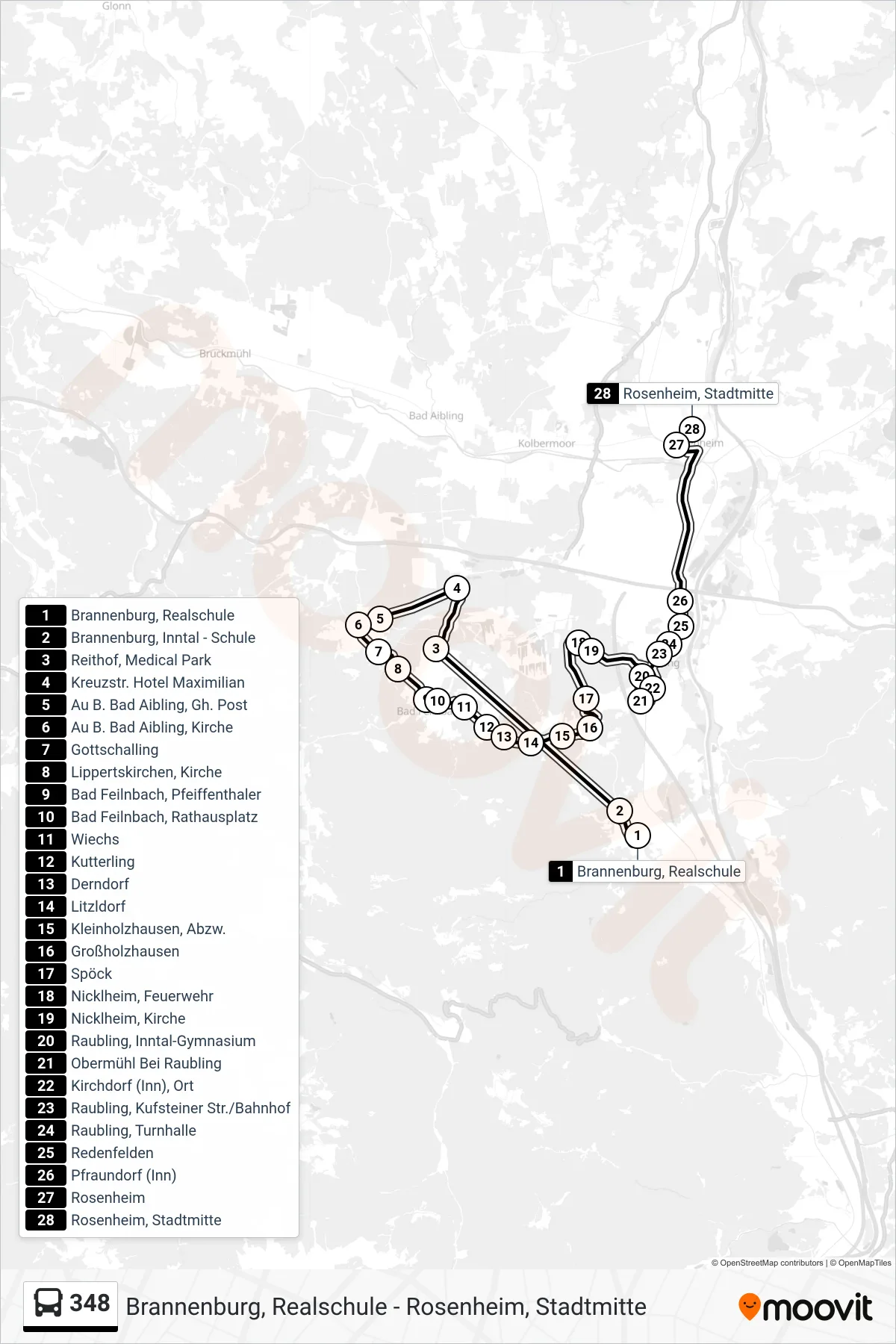 348 bus Line (Rosenheim, Stadtmitte) route and stops on a map