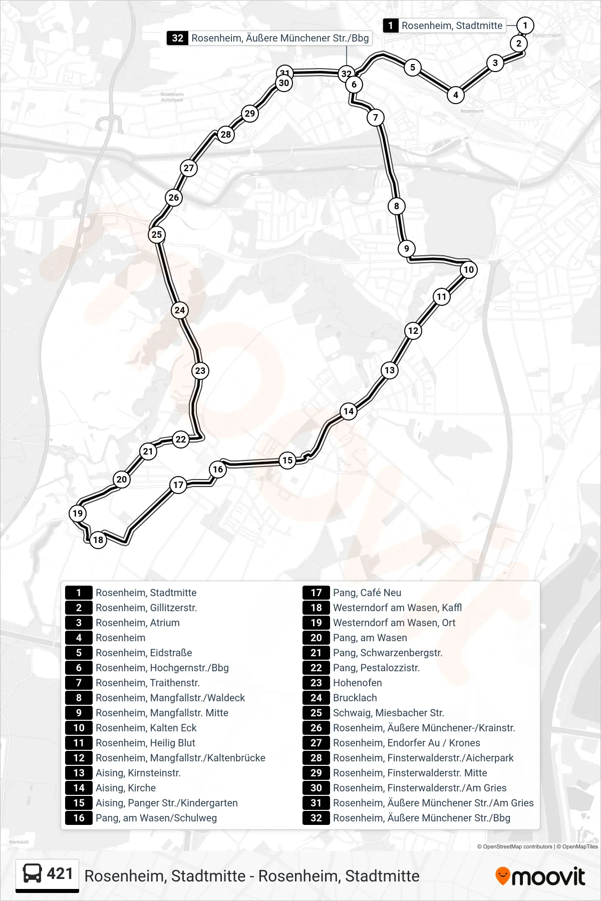 421 bus Line (Rosenheim, Äußere Münchener Str./Bbg) route and stops on a map